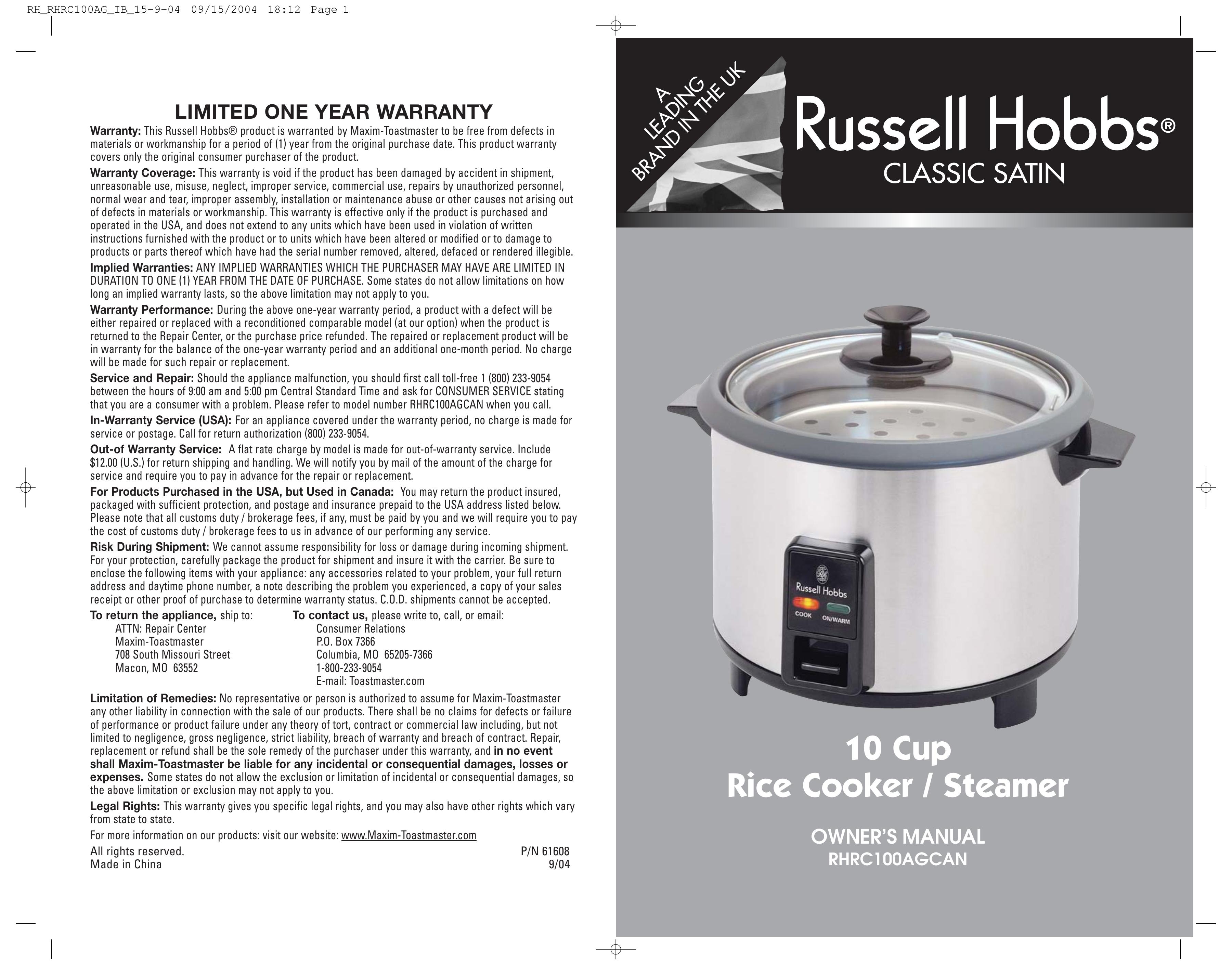 Toastmaster RHRC100AGCAN Rice Cooker User Manual