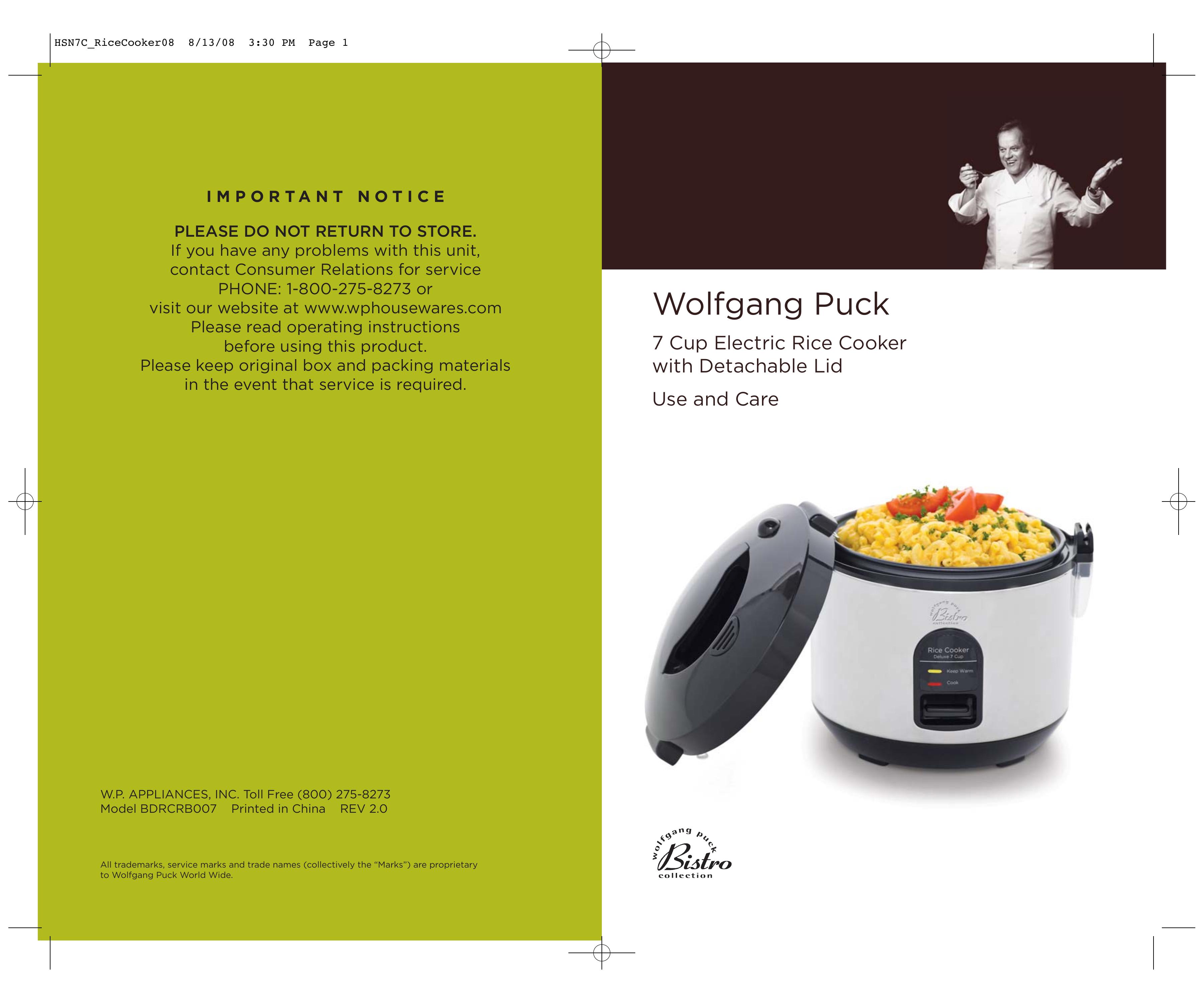 Wolfgang Puck BDRCRB007 Rice Cooker User Manual