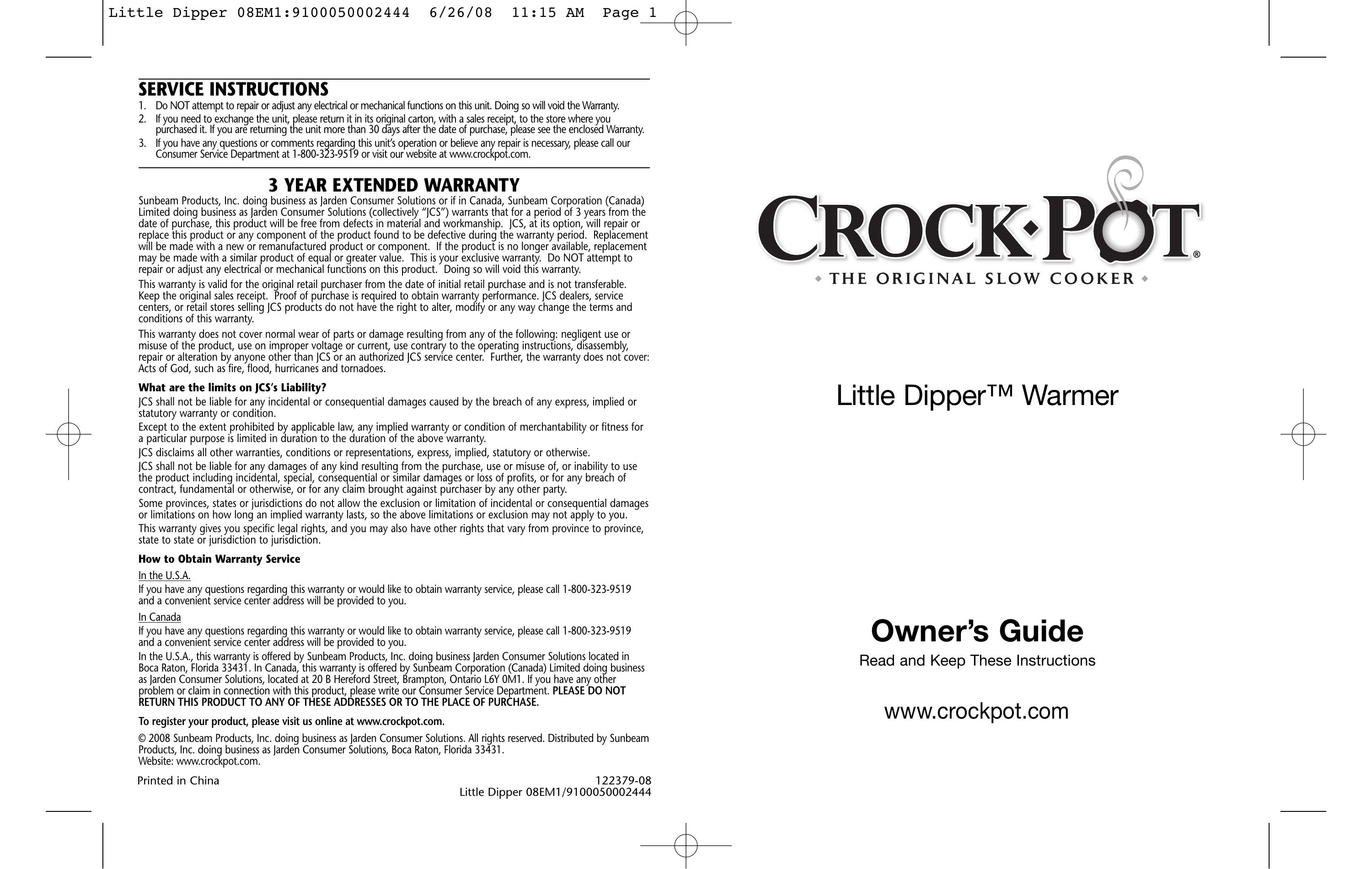 Crock-Pot 08EM1/9100050002444 Slow Cooker User Manual