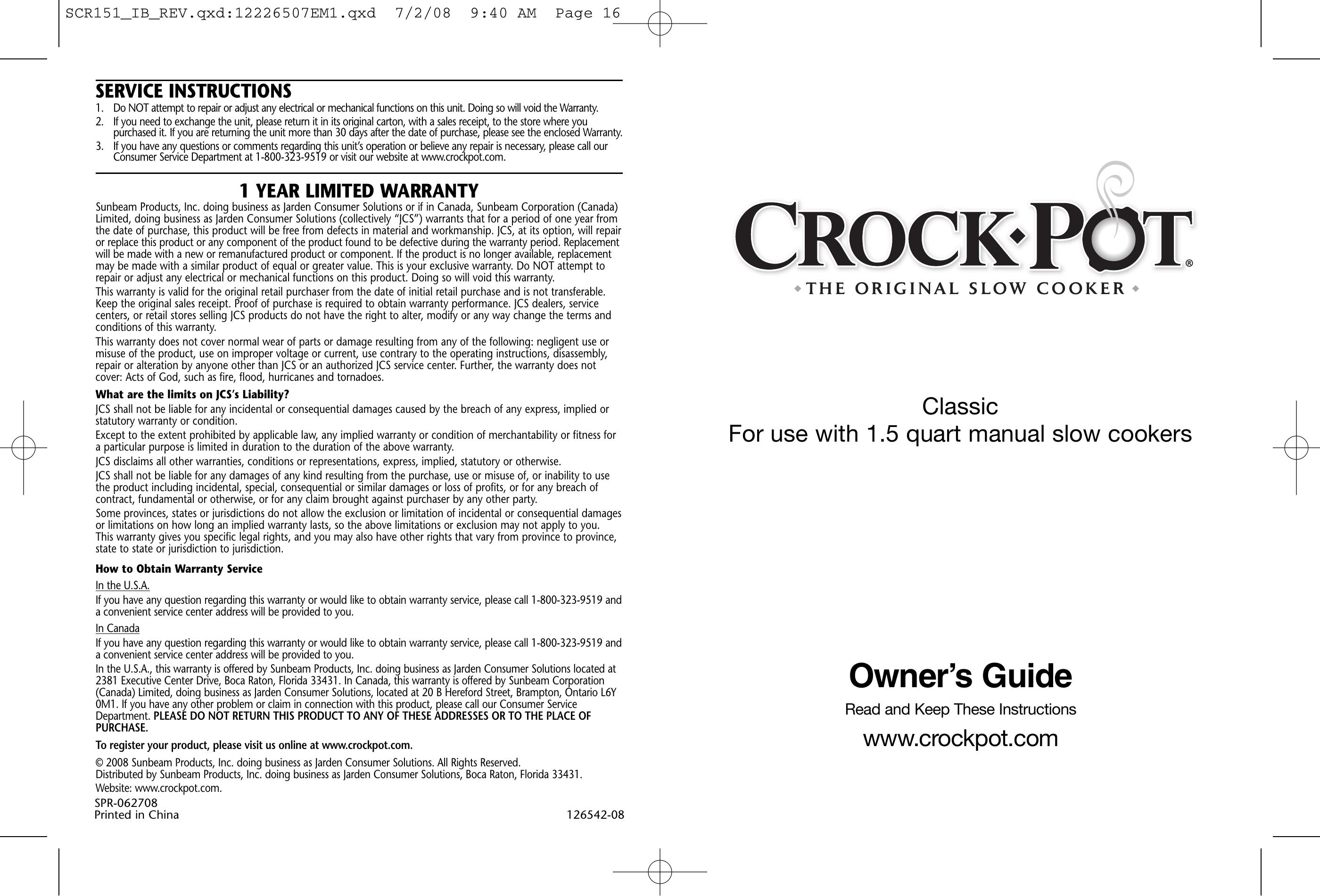 Crock-Pot 1.5 Quart Slow Cooker User Manual