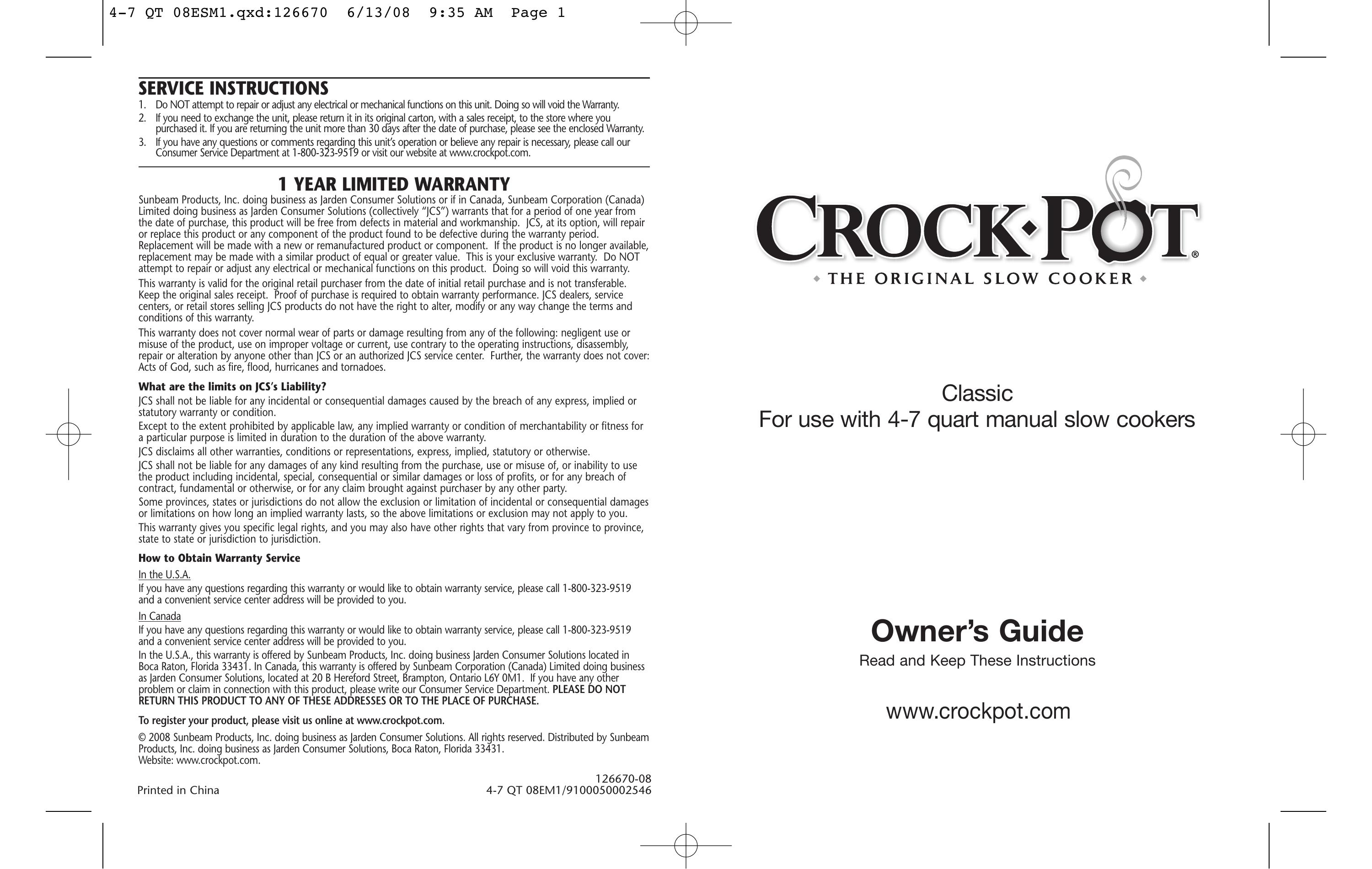 Crock-Pot 126670-08 Slow Cooker User Manual