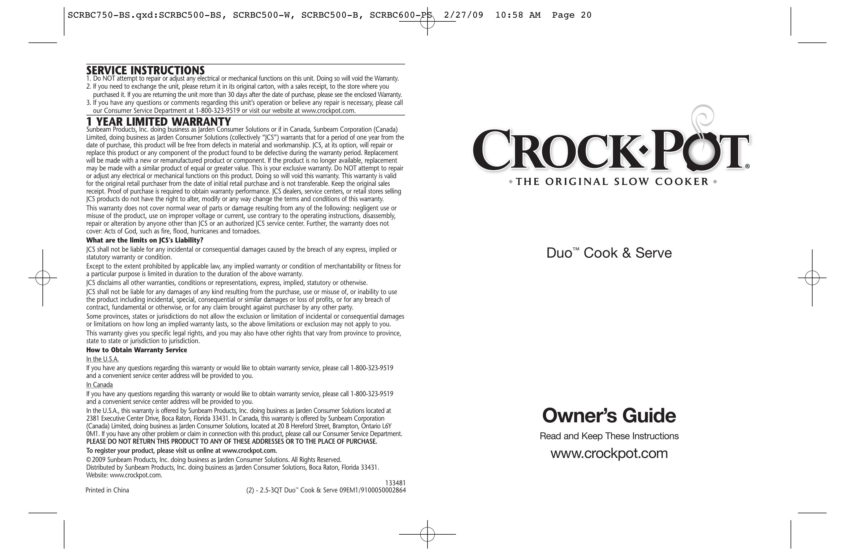 Crock-Pot 133481 Slow Cooker User Manual
