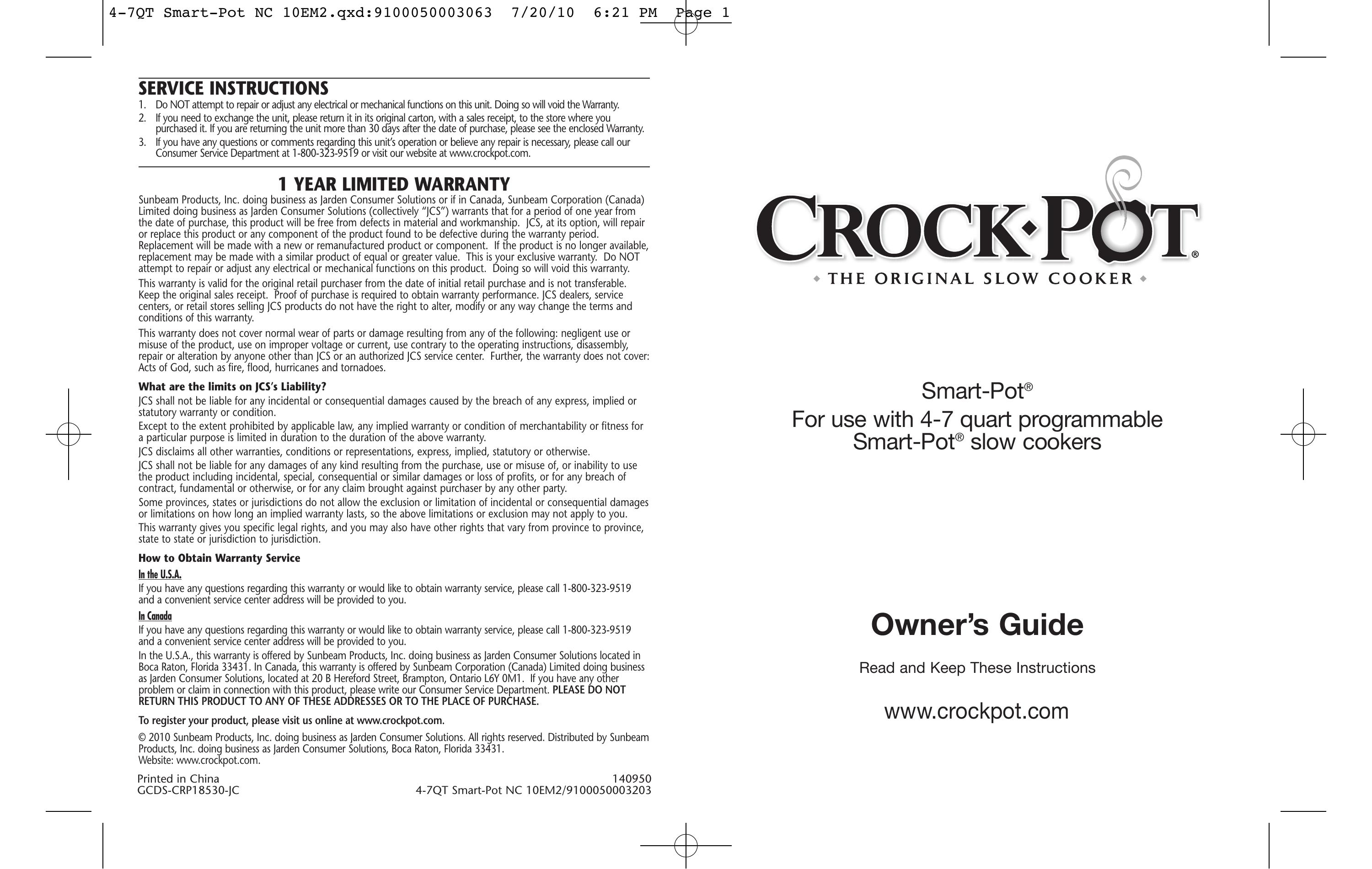 Crock-Pot 4-7QT Slow Cooker User Manual