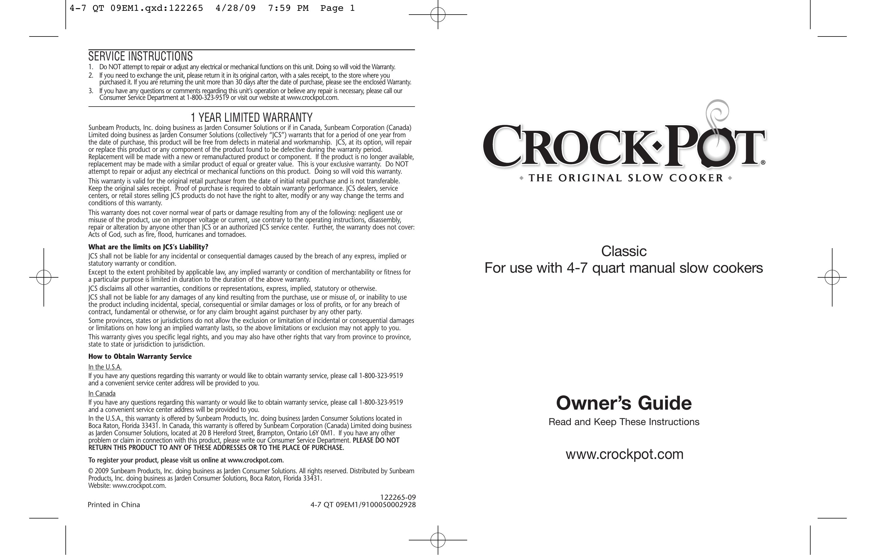 Crock-Pot Classic 4-7 Quart Slow Cooker User Manual