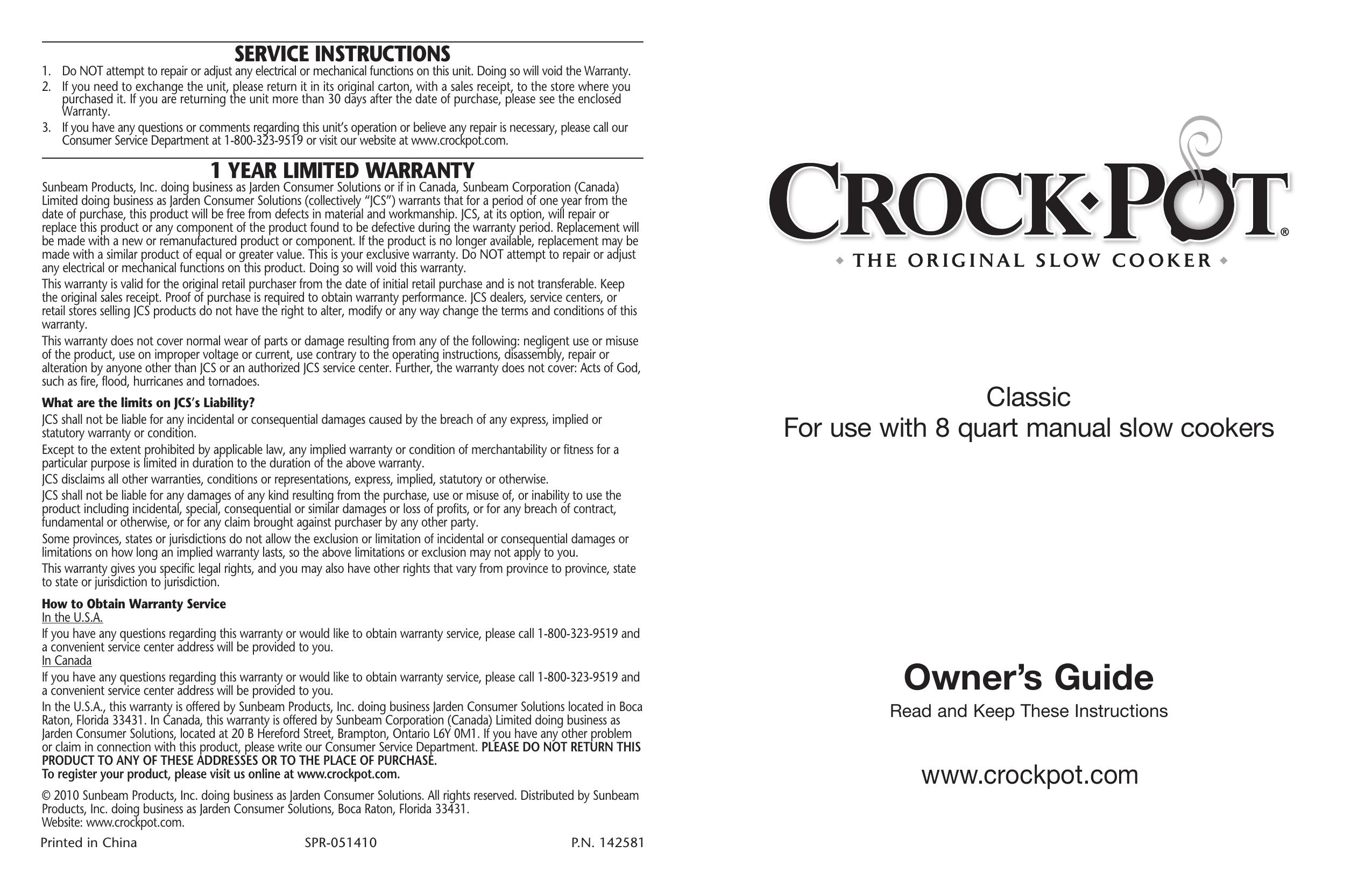 Crock-Pot Classic 8 Quart Slow Cooker User Manual