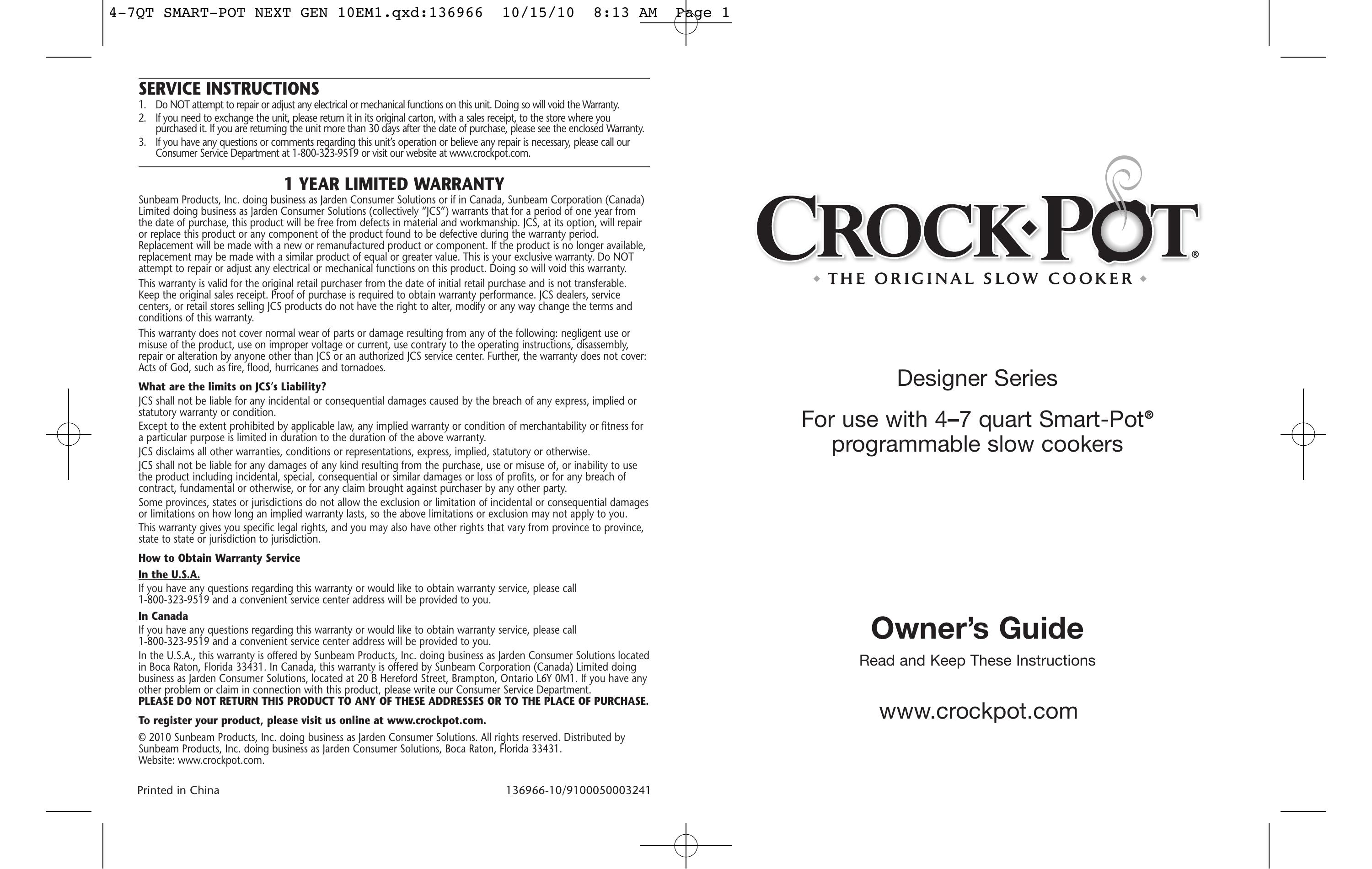 Crock-Pot Designer Series 4-7 Quart Slow Cooker User Manual