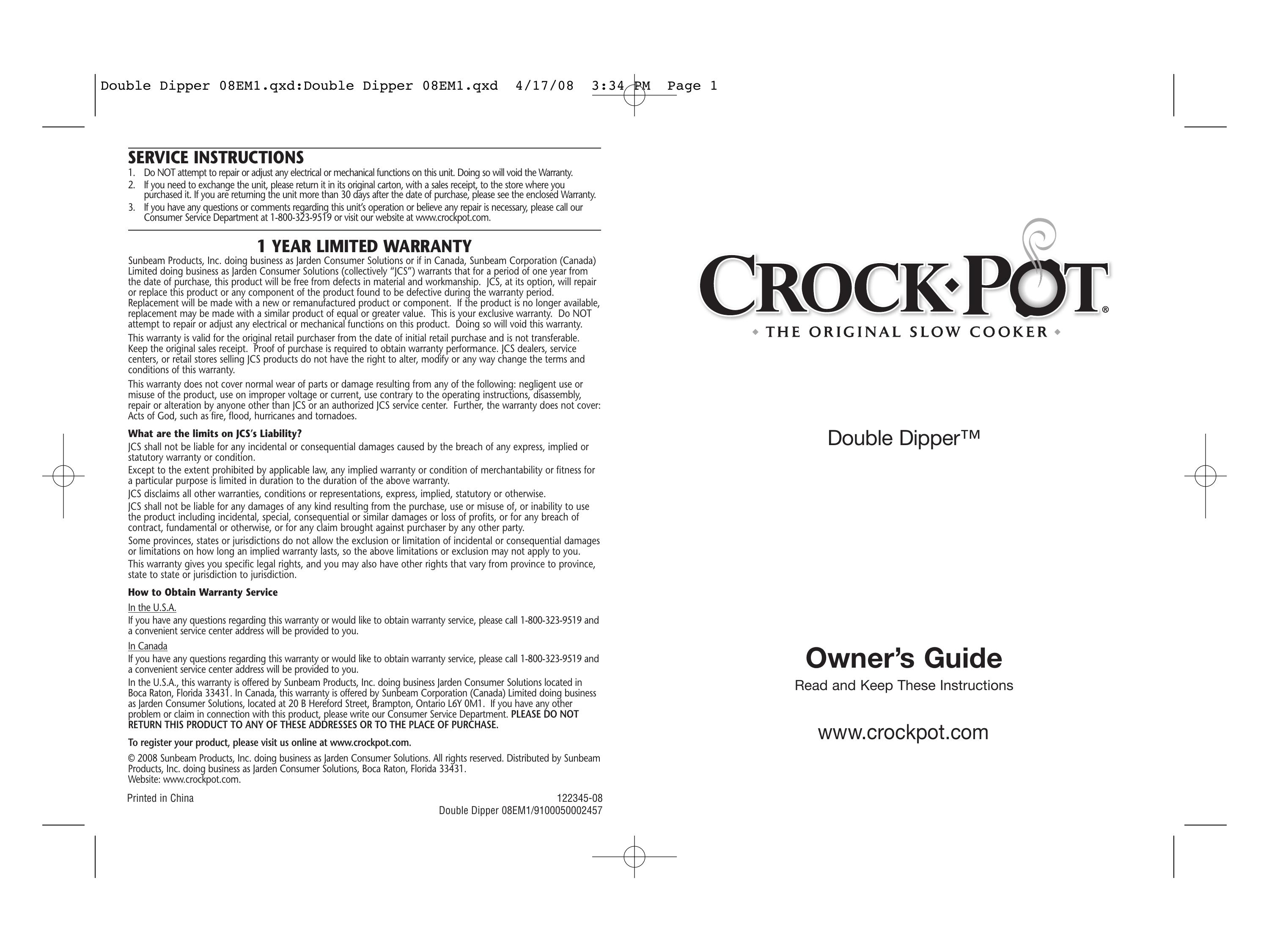Crock-Pot Double Dipper Slow Cooker User Manual