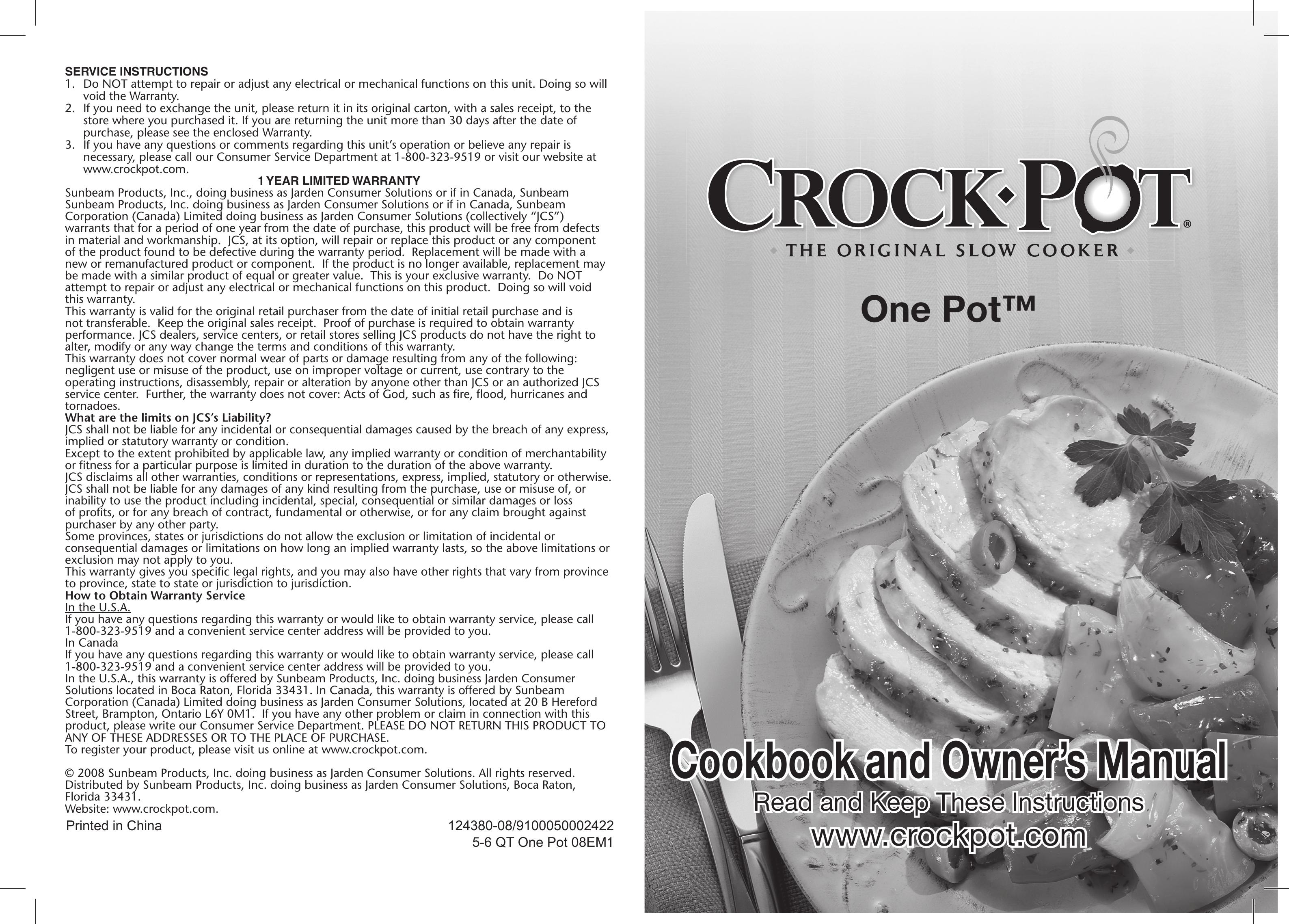 Crock-Pot OnePot Slow Cooker User Manual