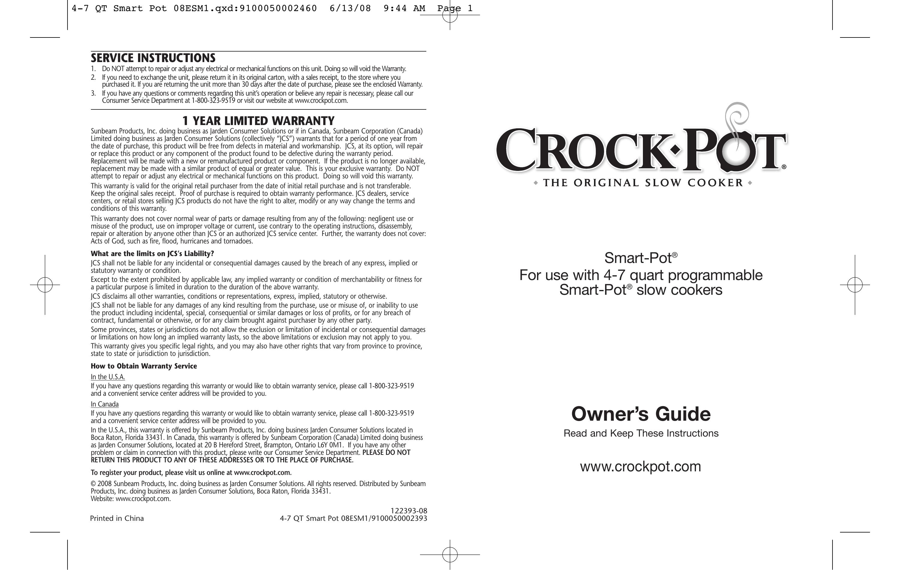Crock-Pot Smart-Pot 4-7 Quart Slow Cooker User Manual