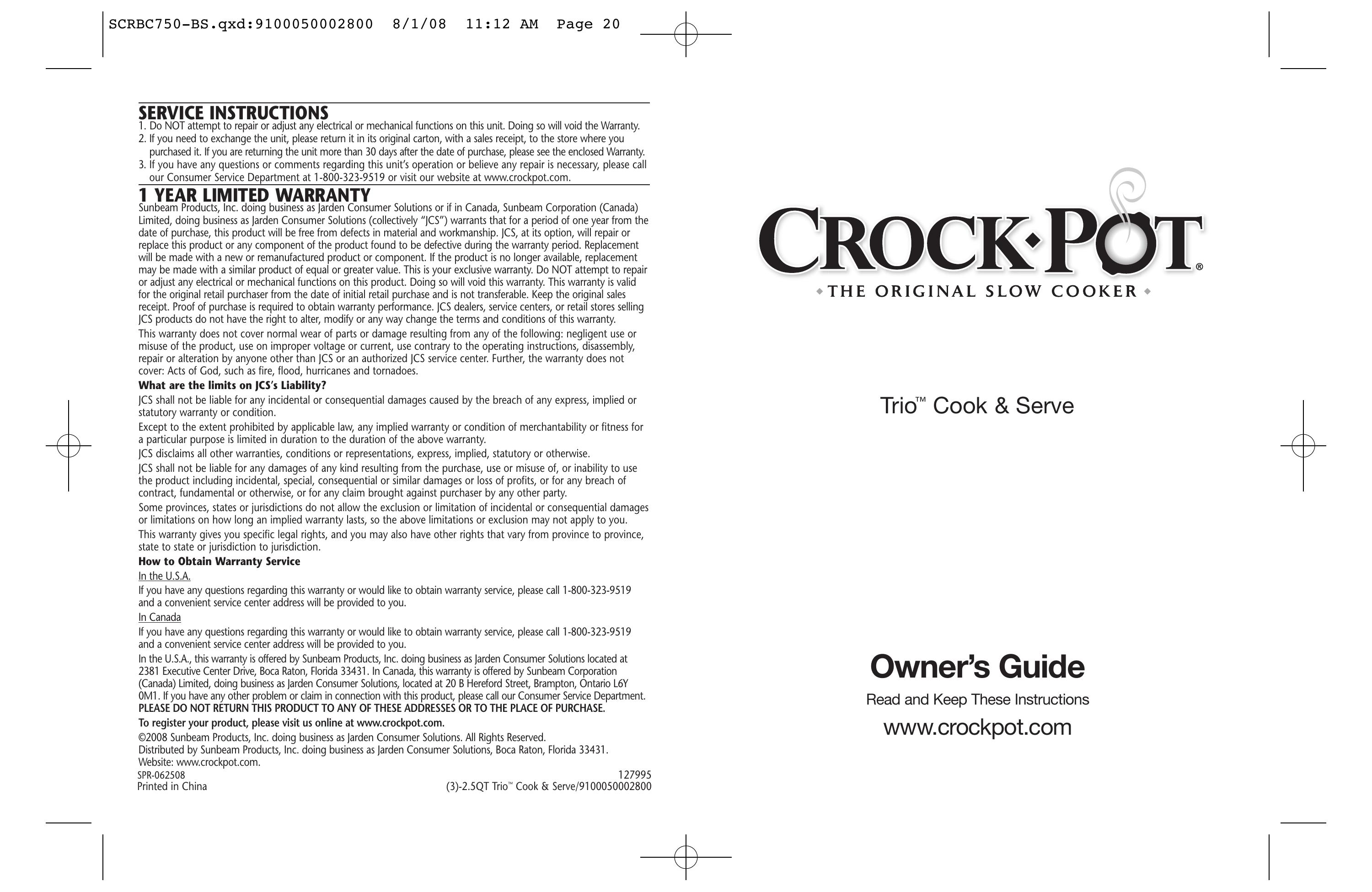 Crock-Pot Trio Slow Cooker User Manual