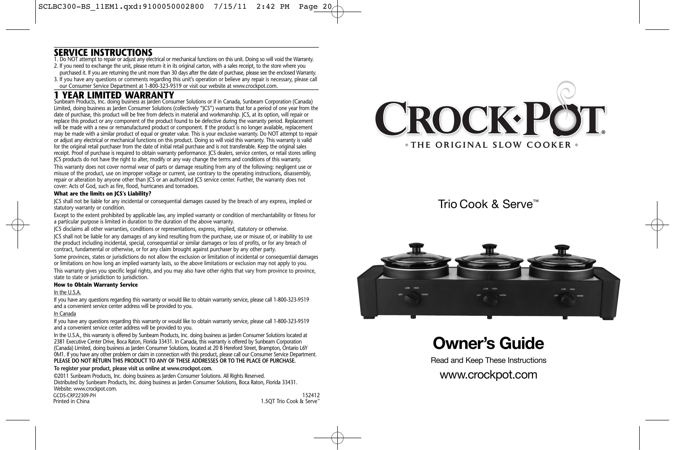 Crock-Pot Trio Cook & Serve Slow Cooker User Manual