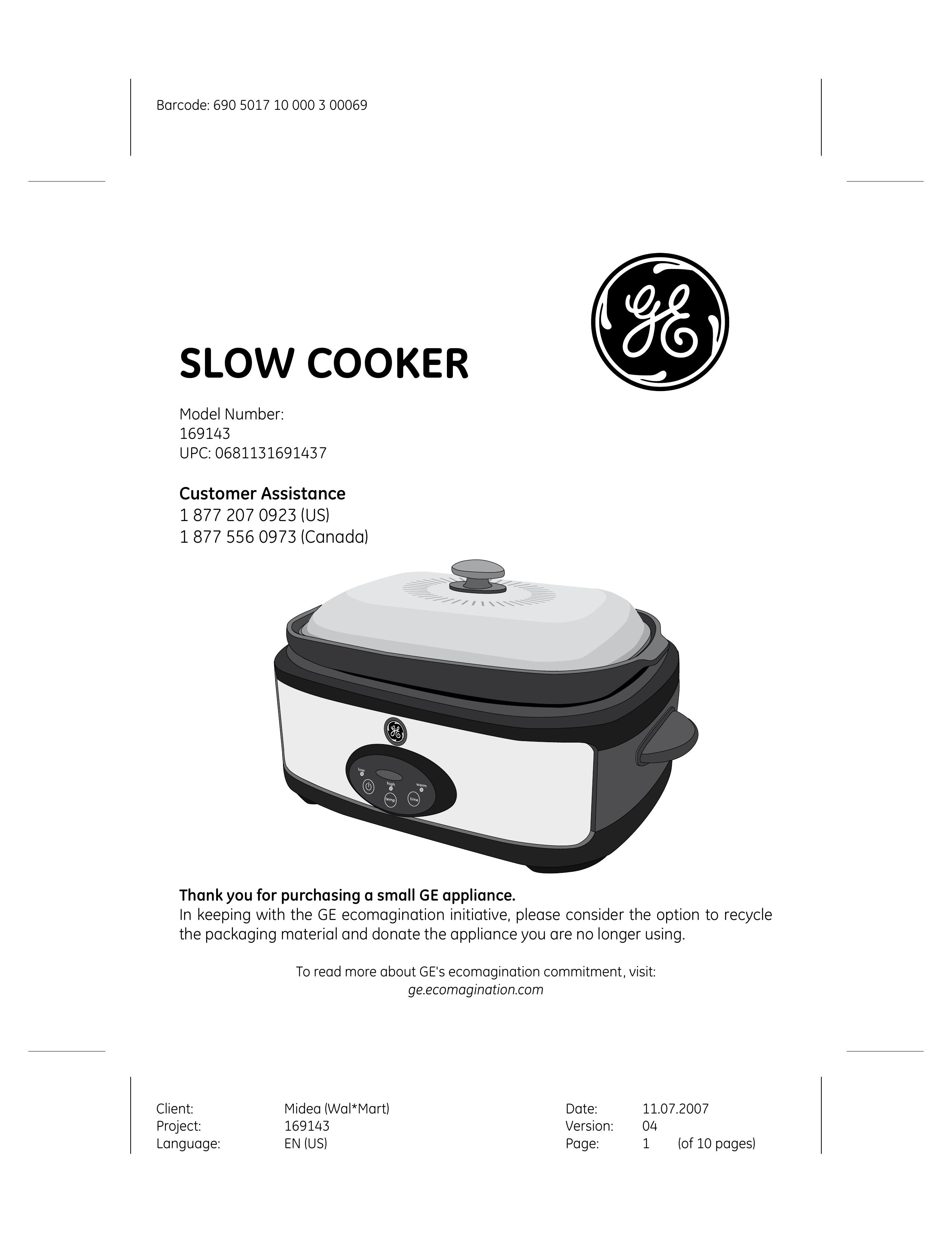 GE 169143 Slow Cooker User Manual