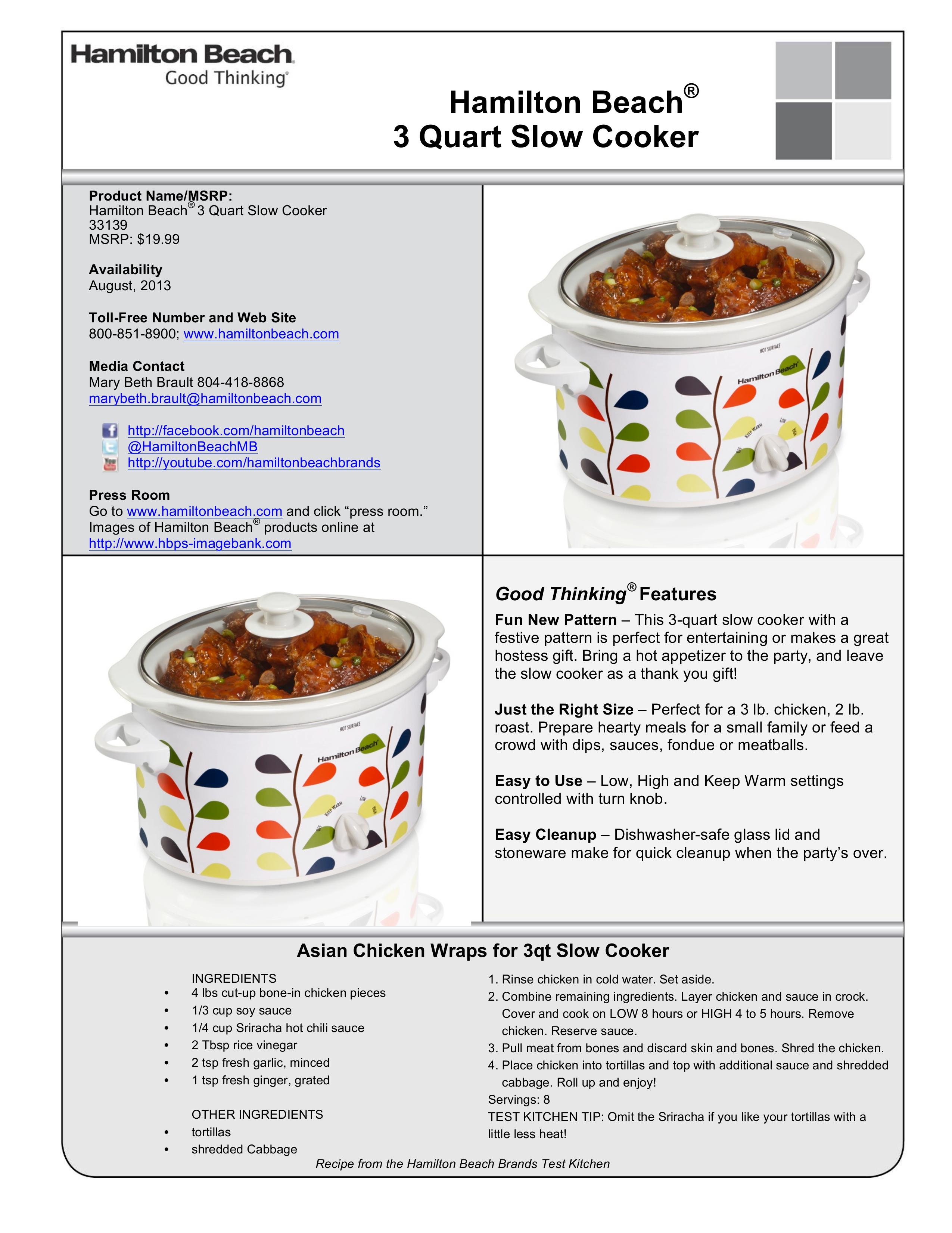 Hamilton Beach 33139 Slow Cooker User Manual