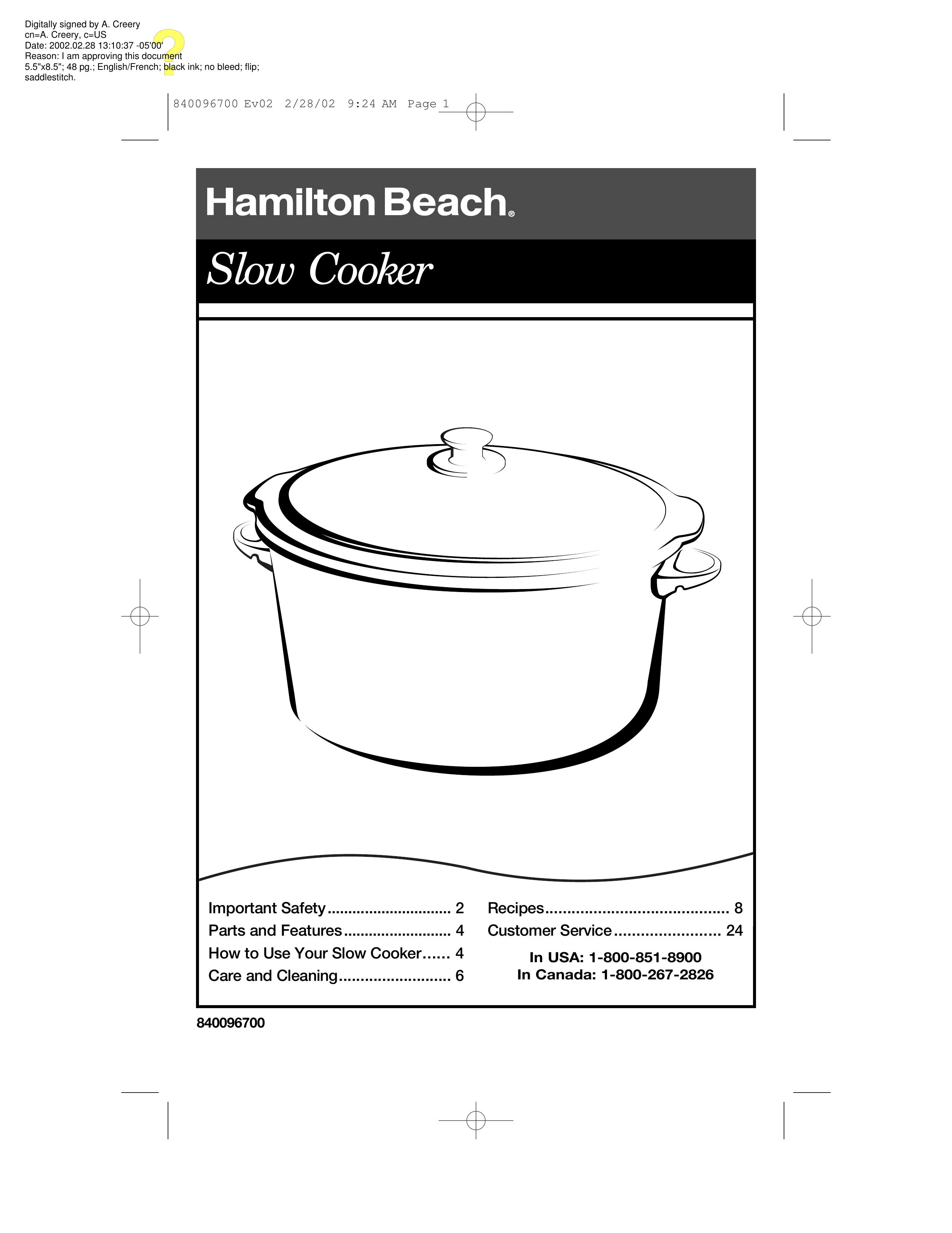 Hamilton Beach 840096700 Slow Cooker User Manual