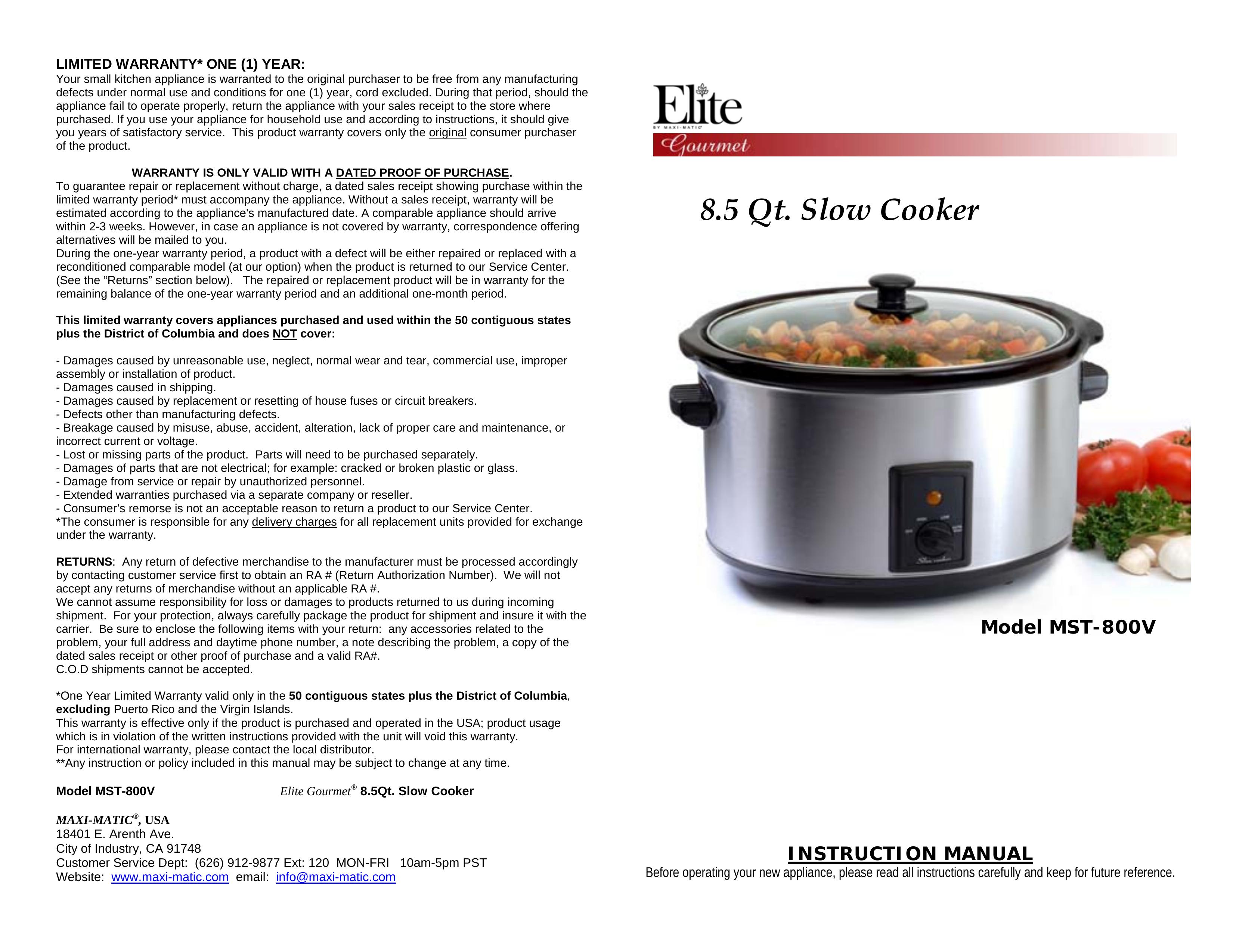 Maximatic MST-800V Slow Cooker User Manual
