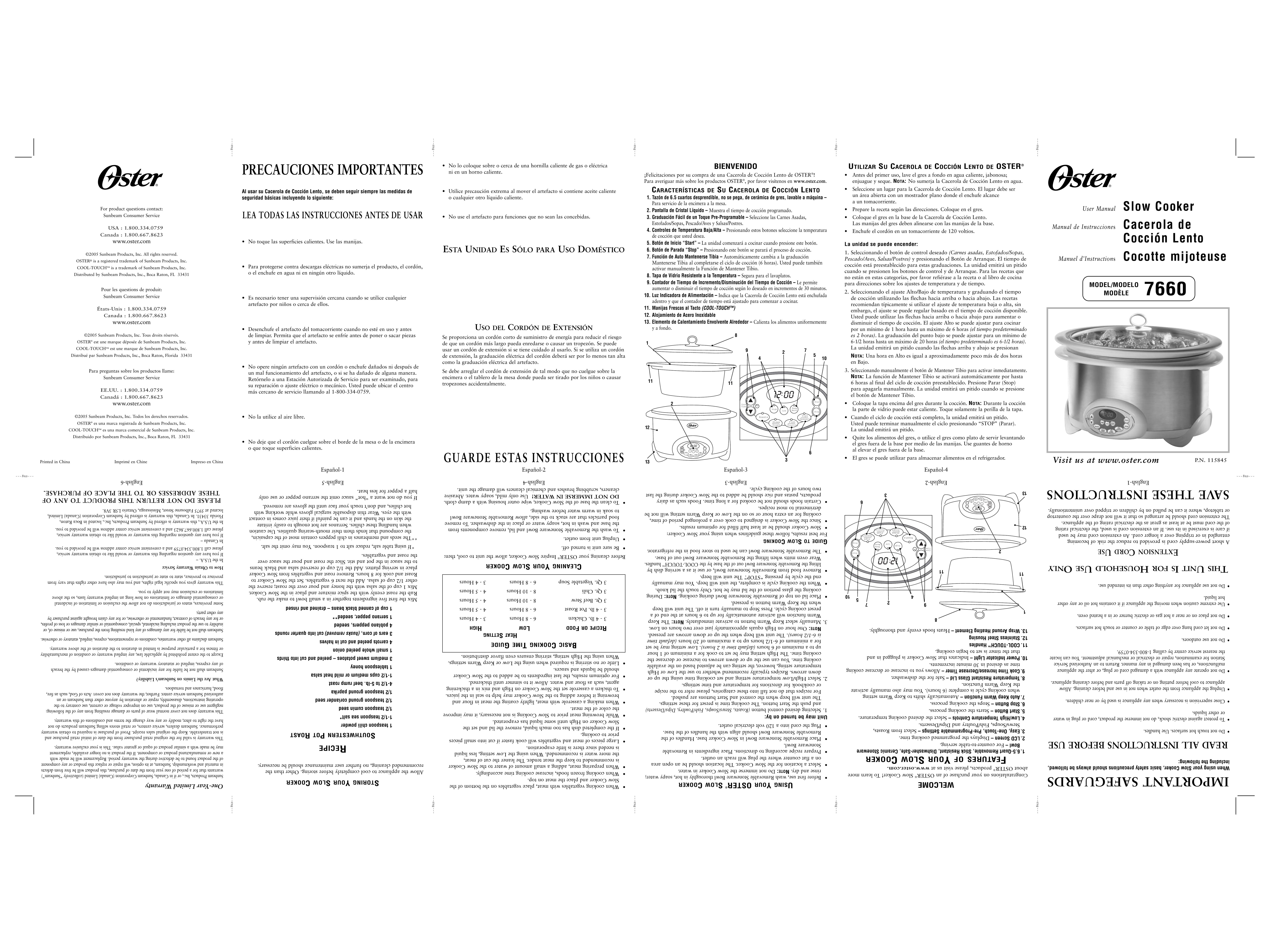 Oster 7660 Slow Cooker User Manual