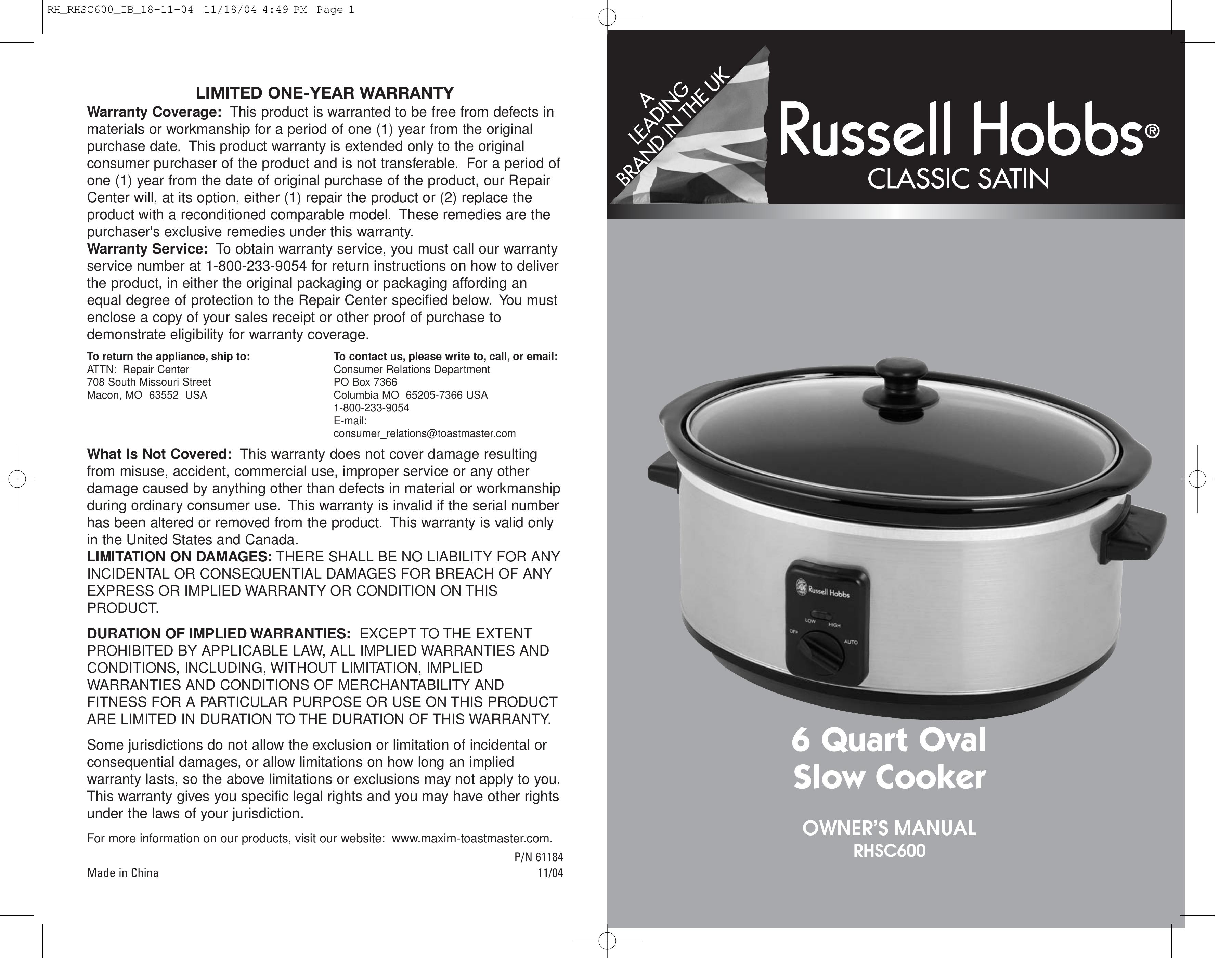 Toastmaster RHSC600 Slow Cooker User Manual