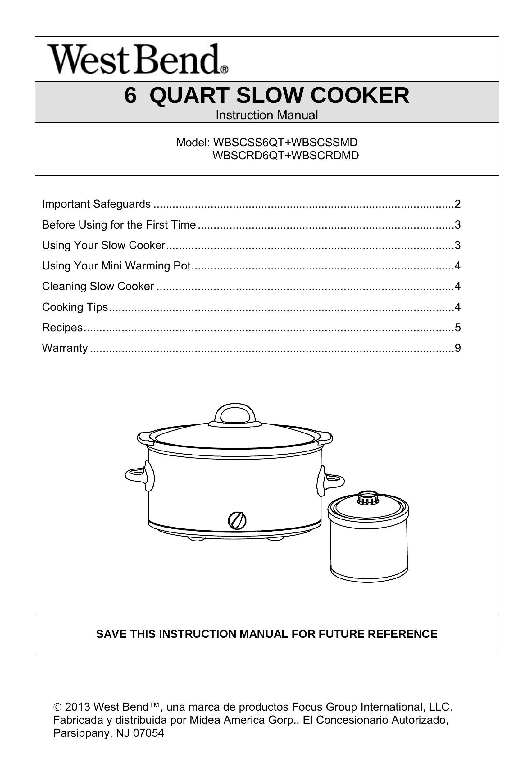 West Bend WBSCRD6QT Slow Cooker User Manual