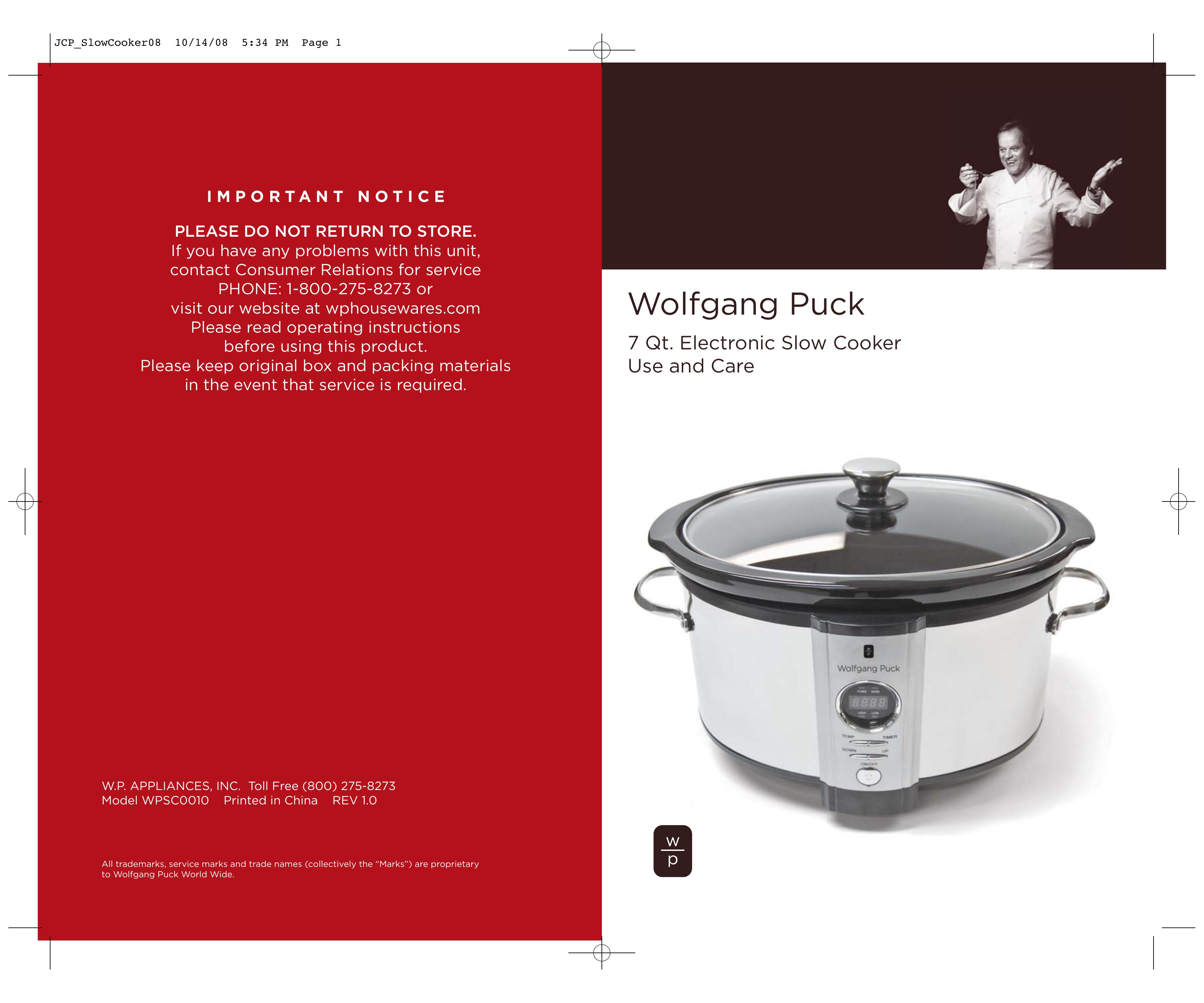 Wolfgang Puck WPSC0010 Slow Cooker User Manual
