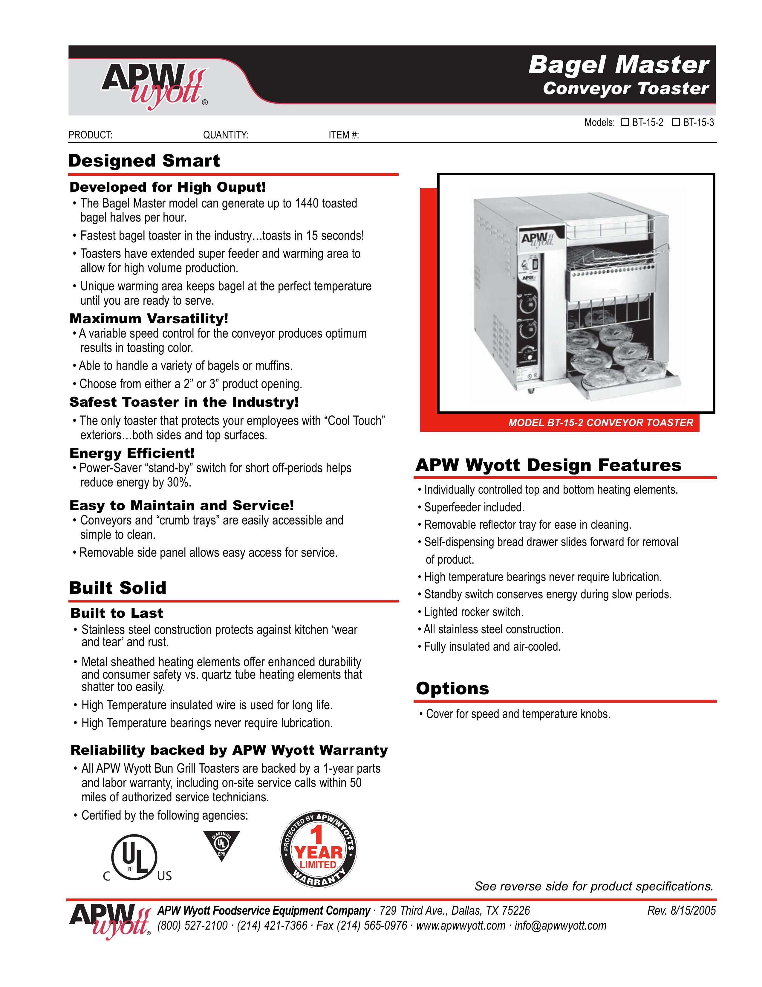 APW Wyott BT-15-2 Toaster User Manual