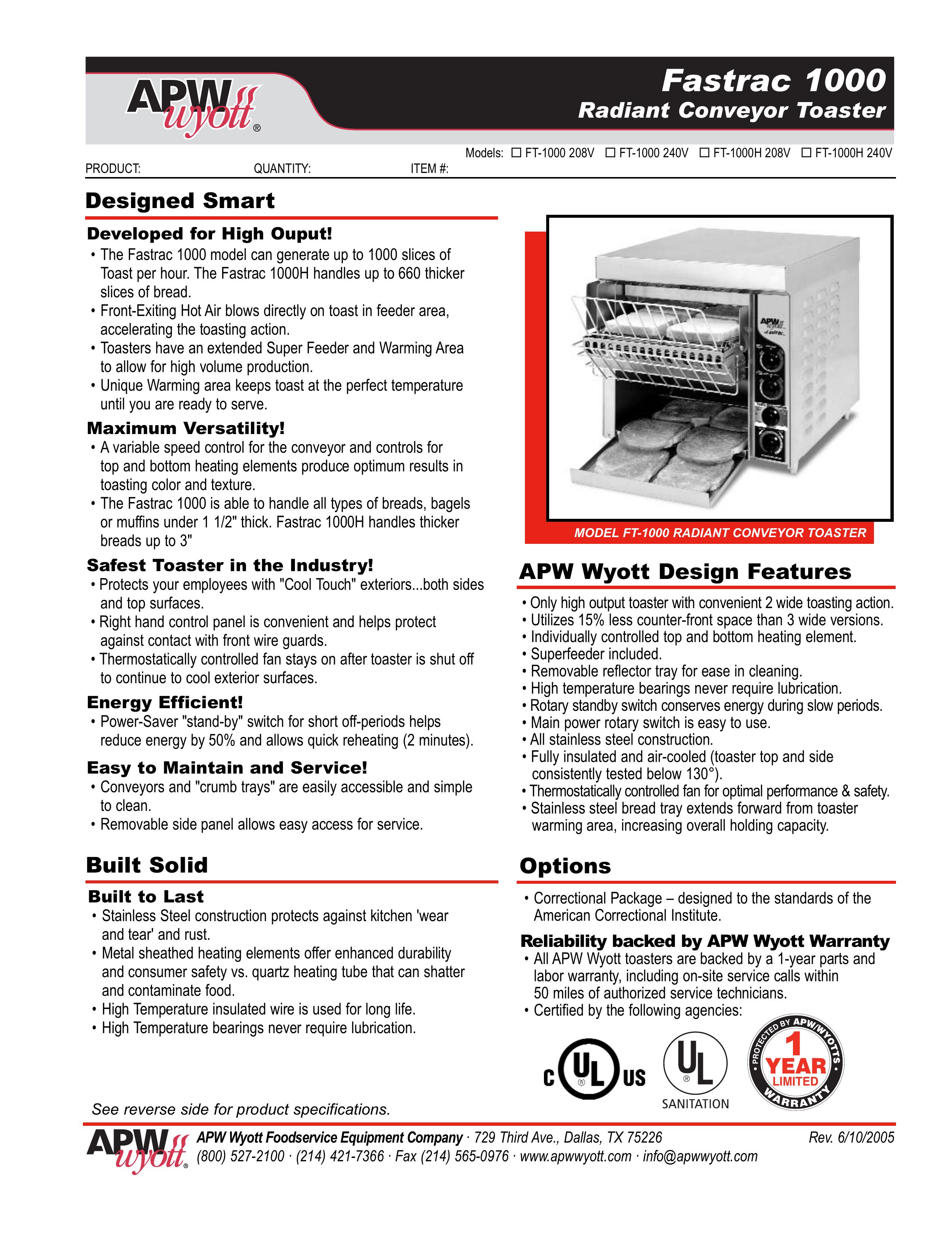 APW Wyott Fastrac 1000 Toaster User Manual