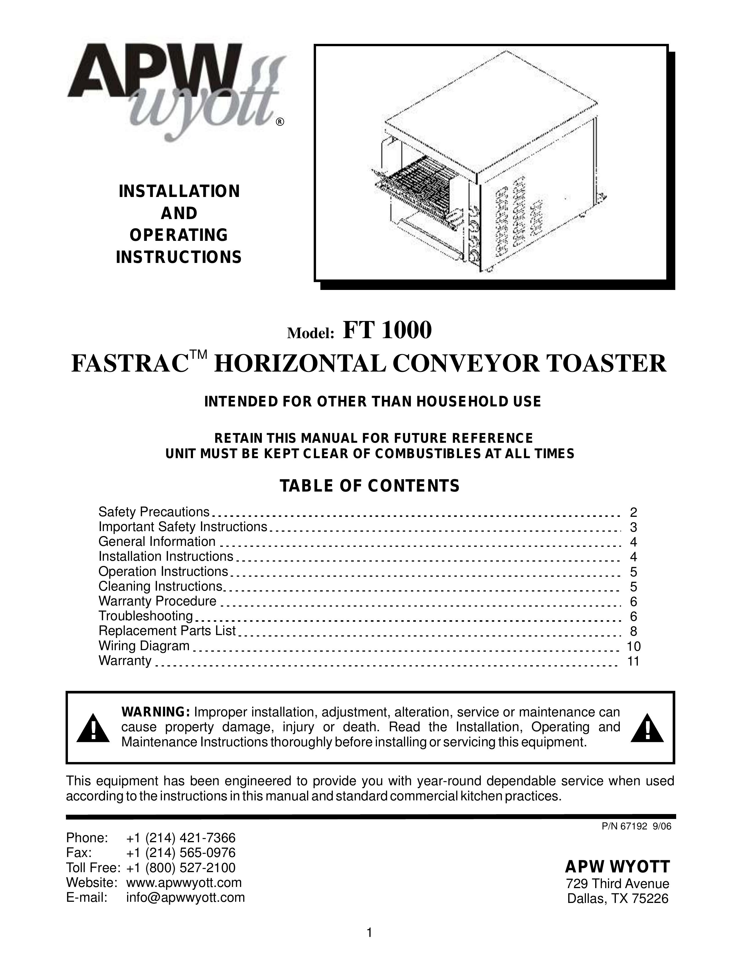 APW Wyott FT 1000 Toaster User Manual