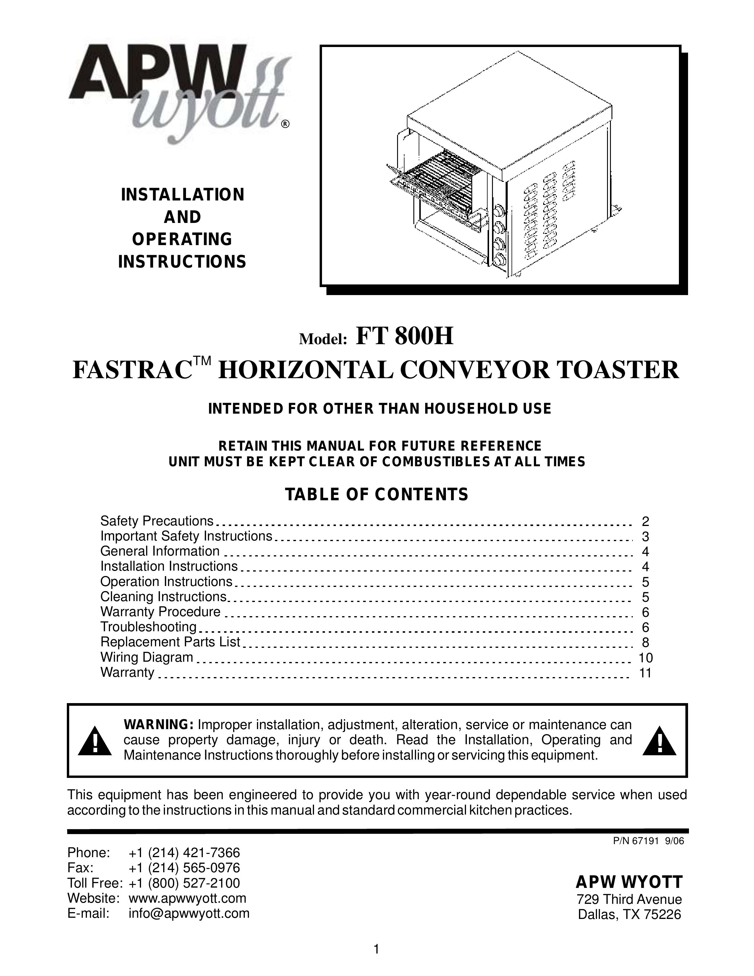APW Wyott FT 800H Toaster User Manual