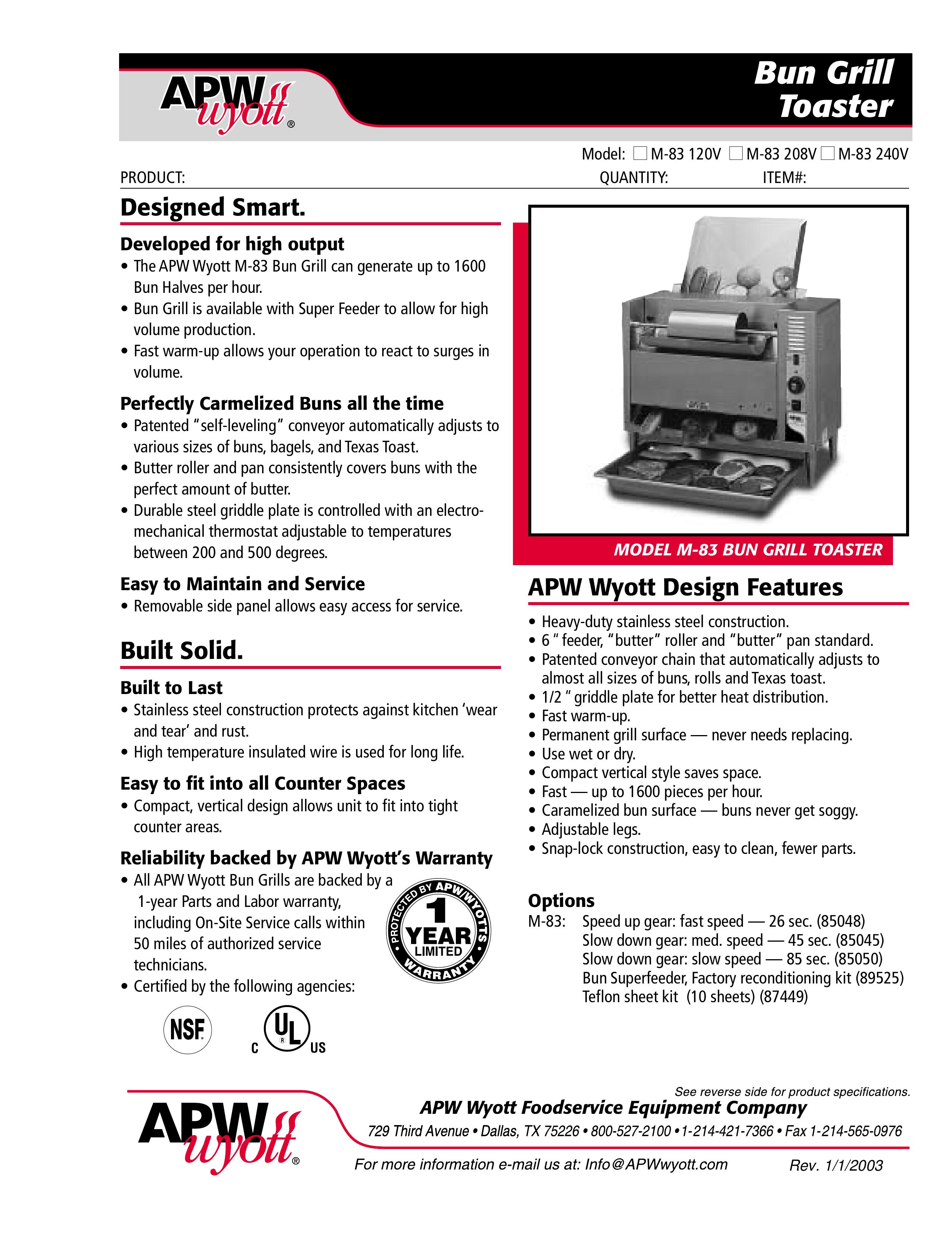 APW Wyott M-83 120V Toaster User Manual