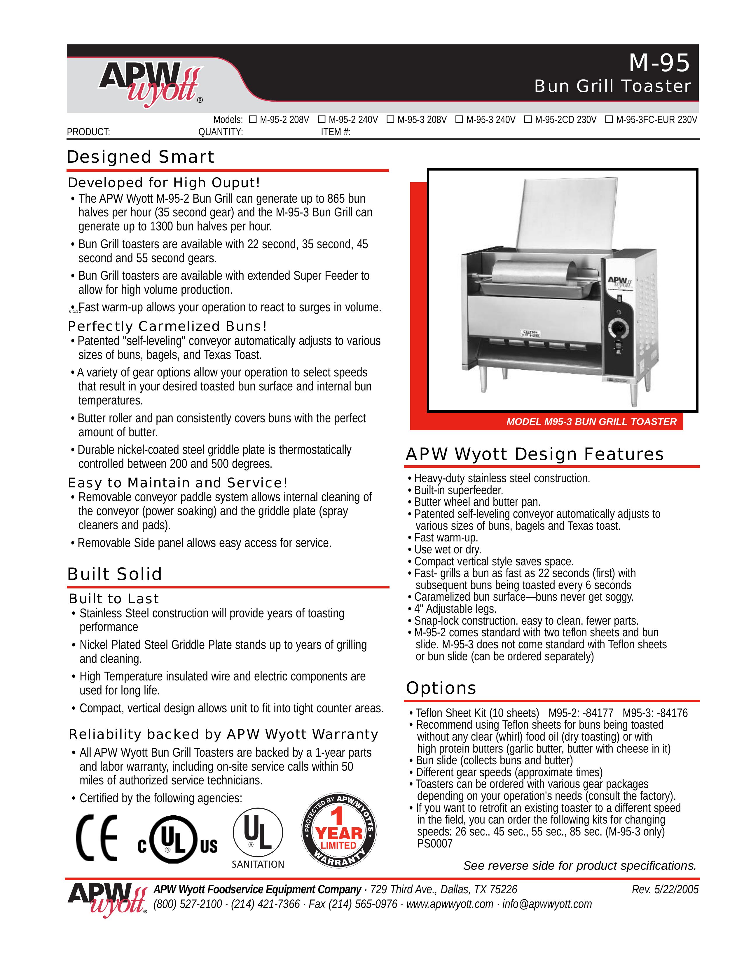 APW Wyott M-95-2 240V Toaster User Manual
