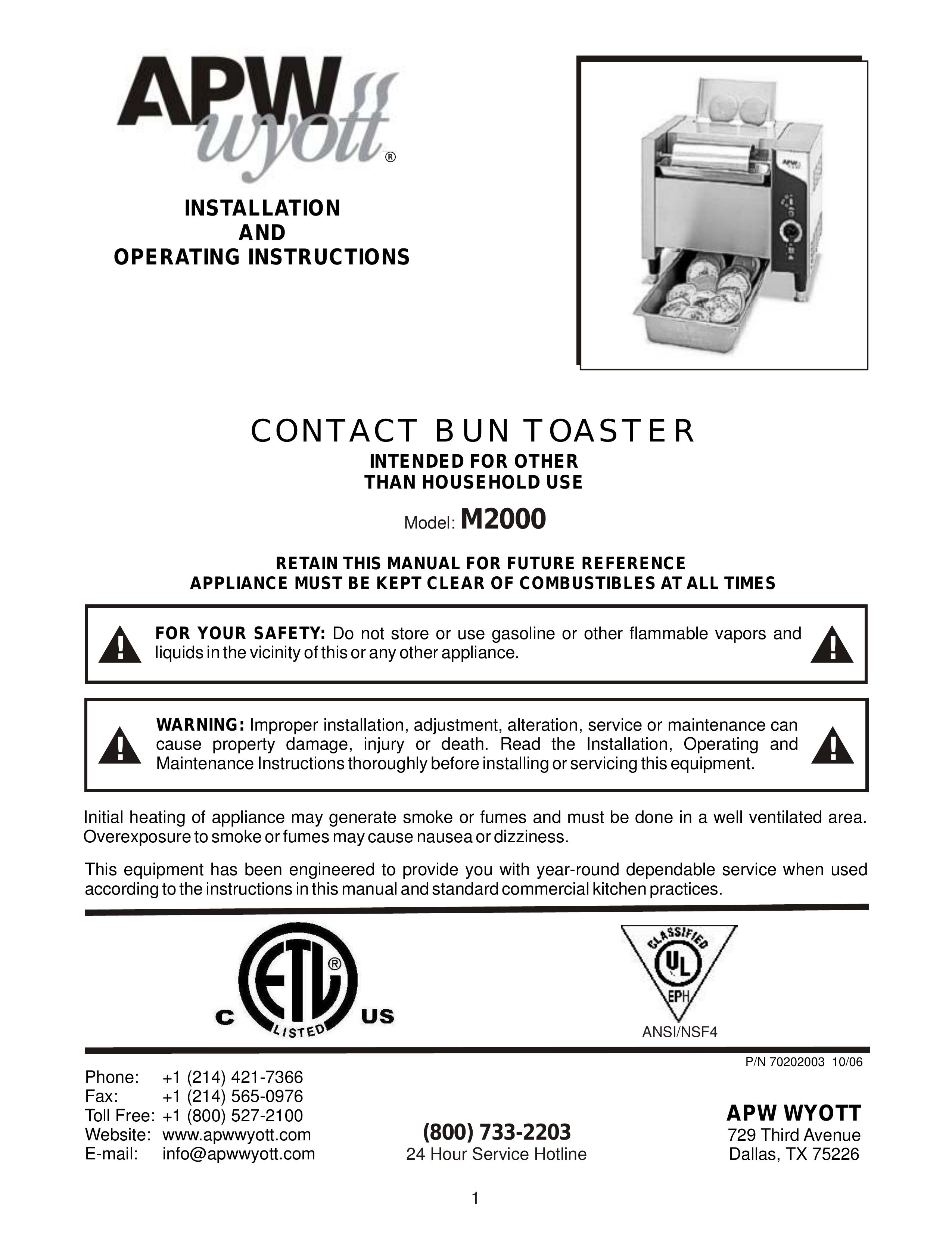 APW Wyott M2000 Toaster User Manual