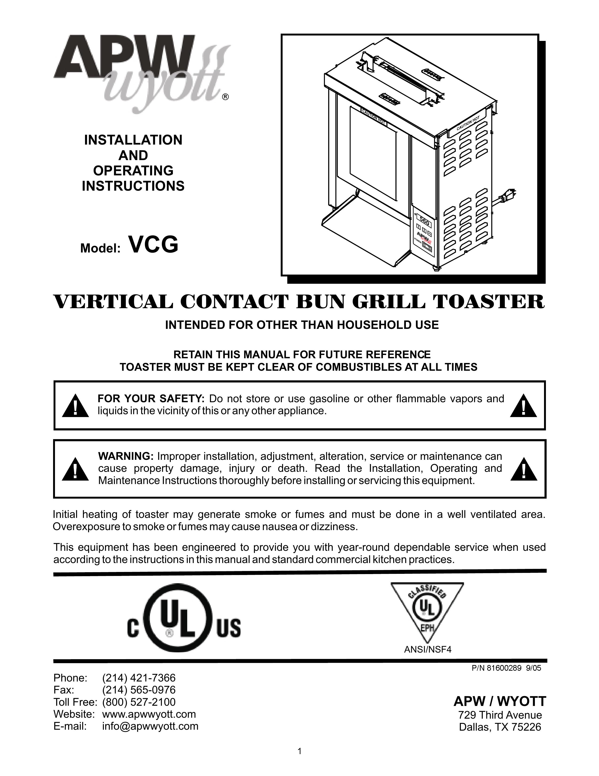 APW Wyott VCG Toaster User Manual