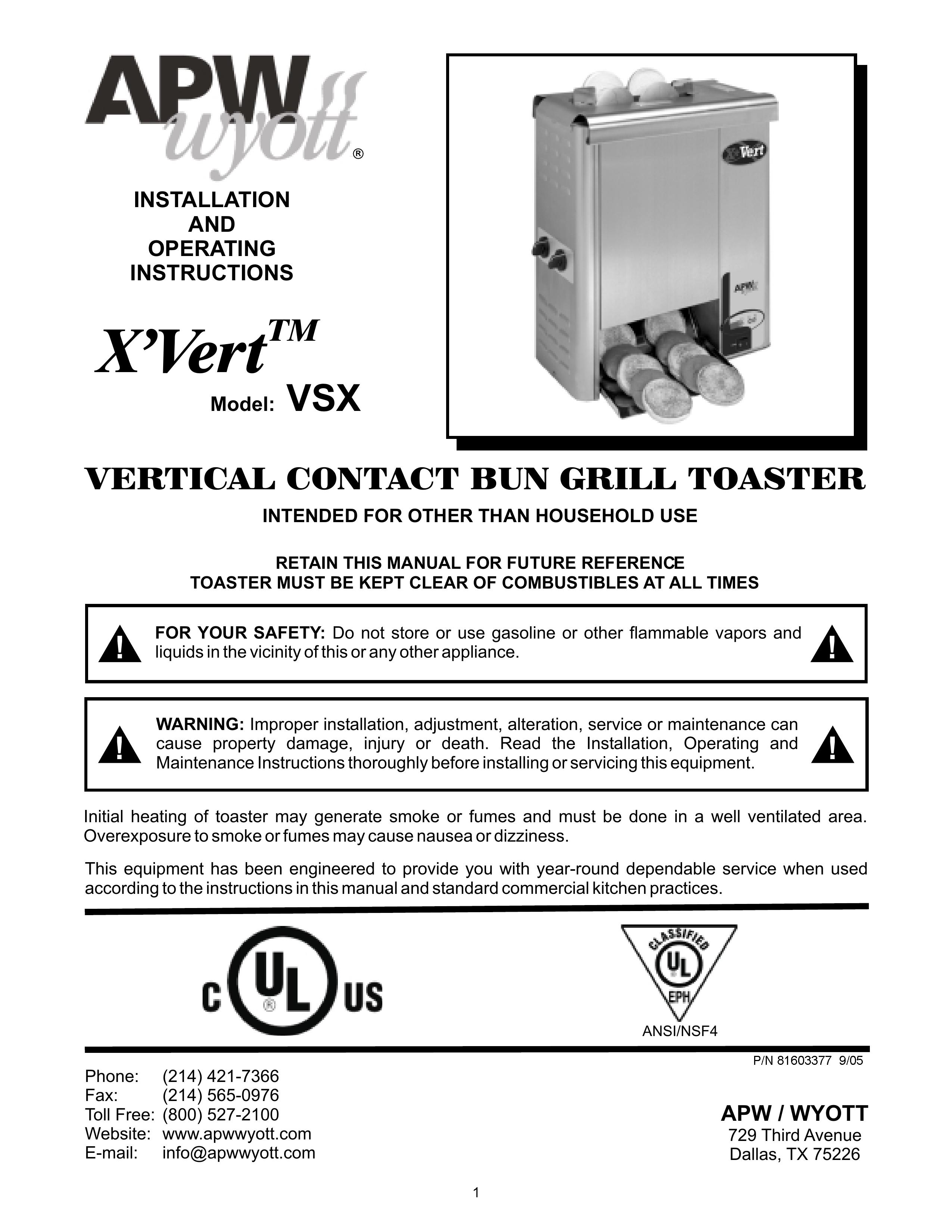 APW Wyott VSX Toaster User Manual
