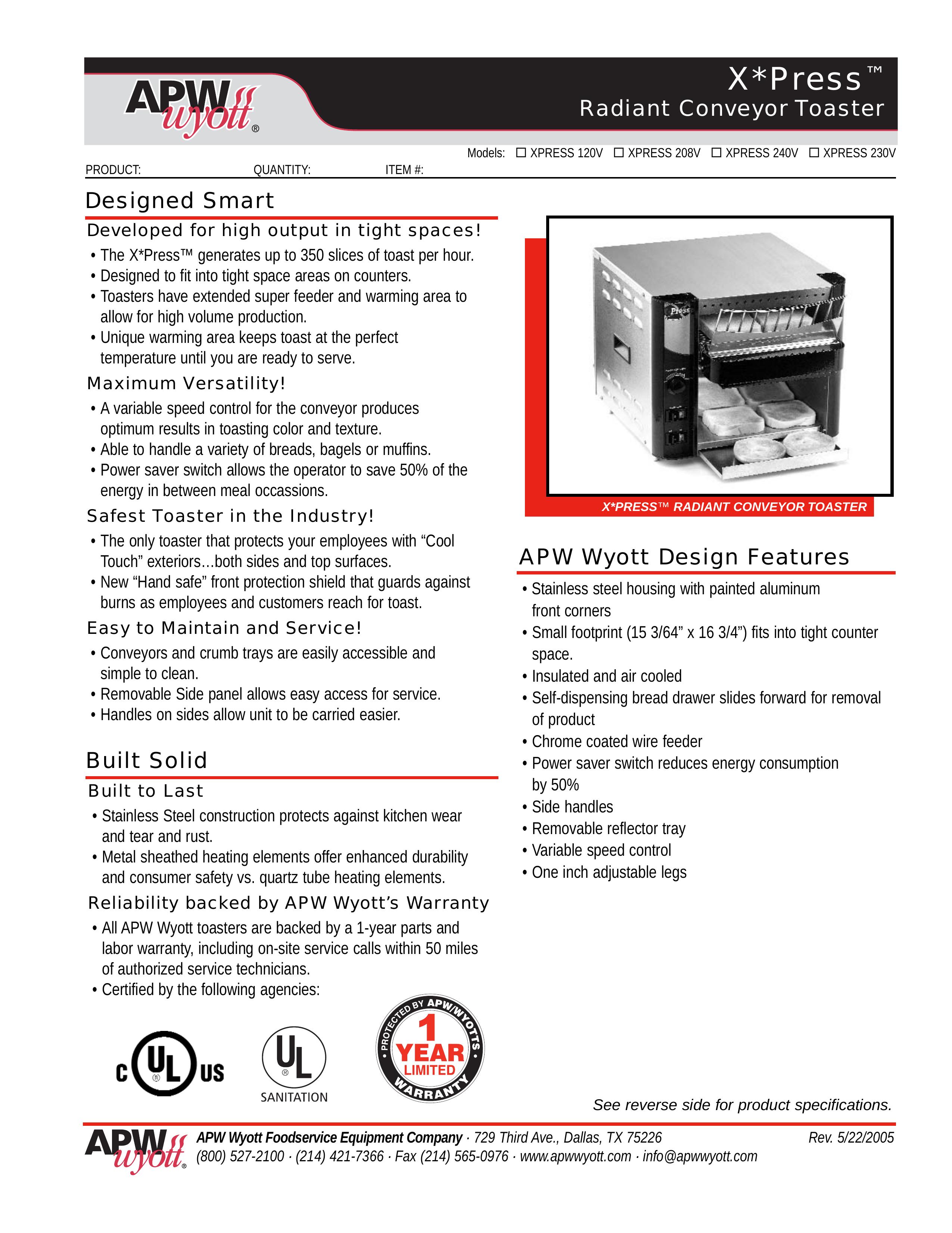 APW Wyott XPRESS 120V Toaster User Manual
