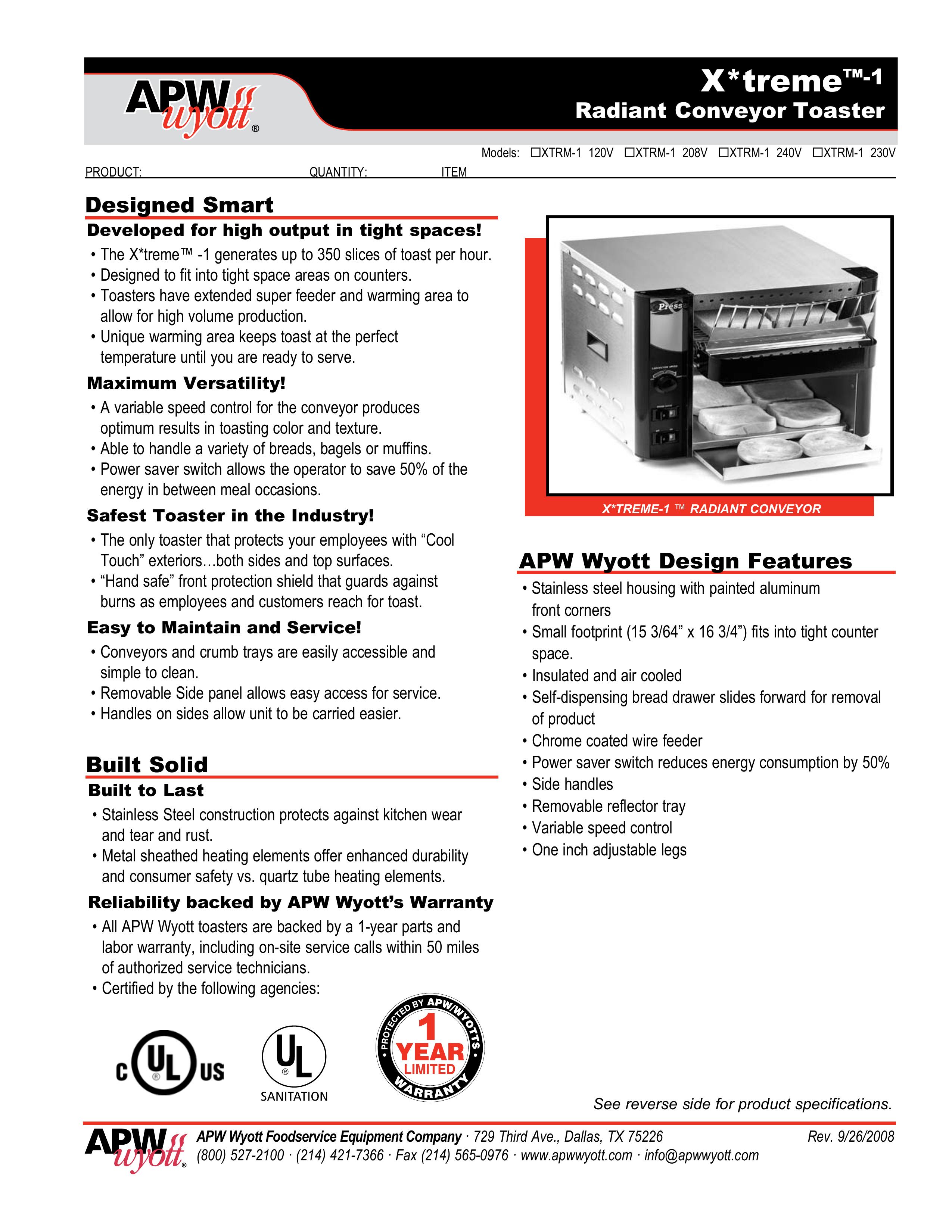 APW Wyott XTRM-1 120V Toaster User Manual