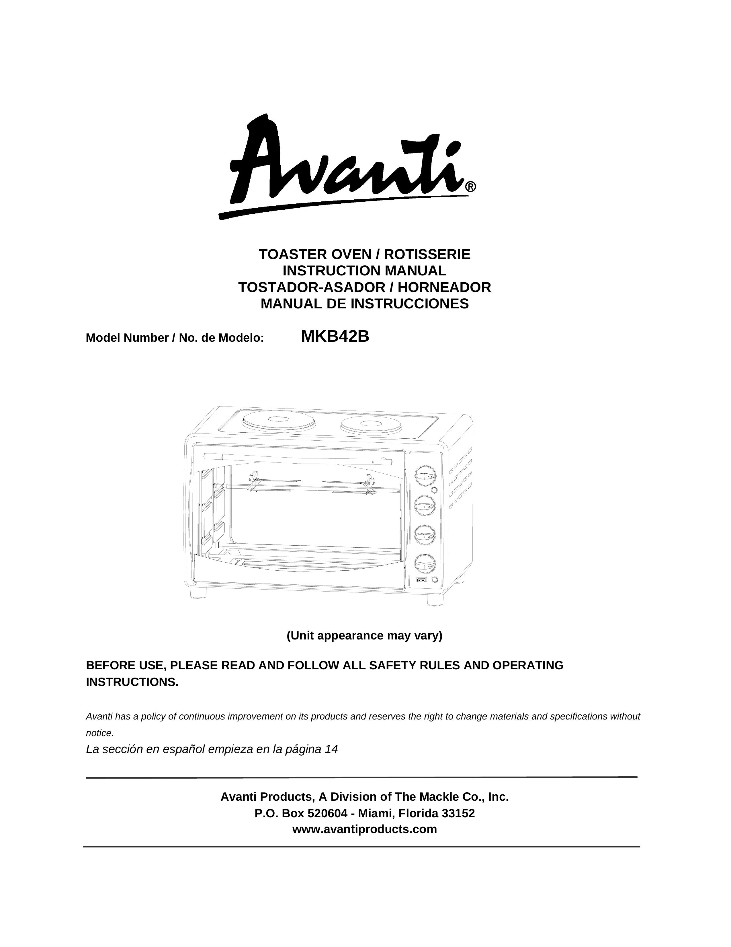 Avanti MKB42B Toaster User Manual