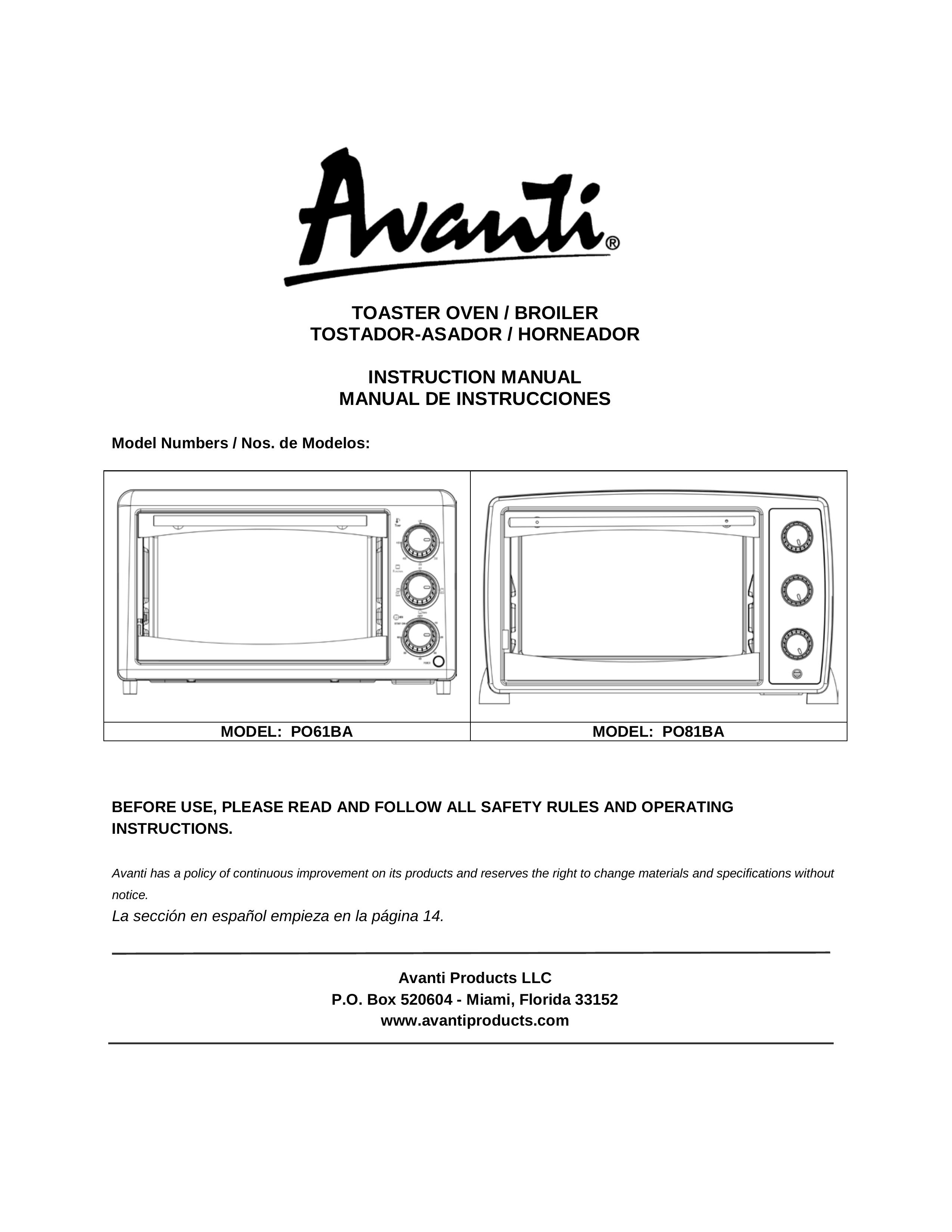 Avanti PO61BA Toaster User Manual