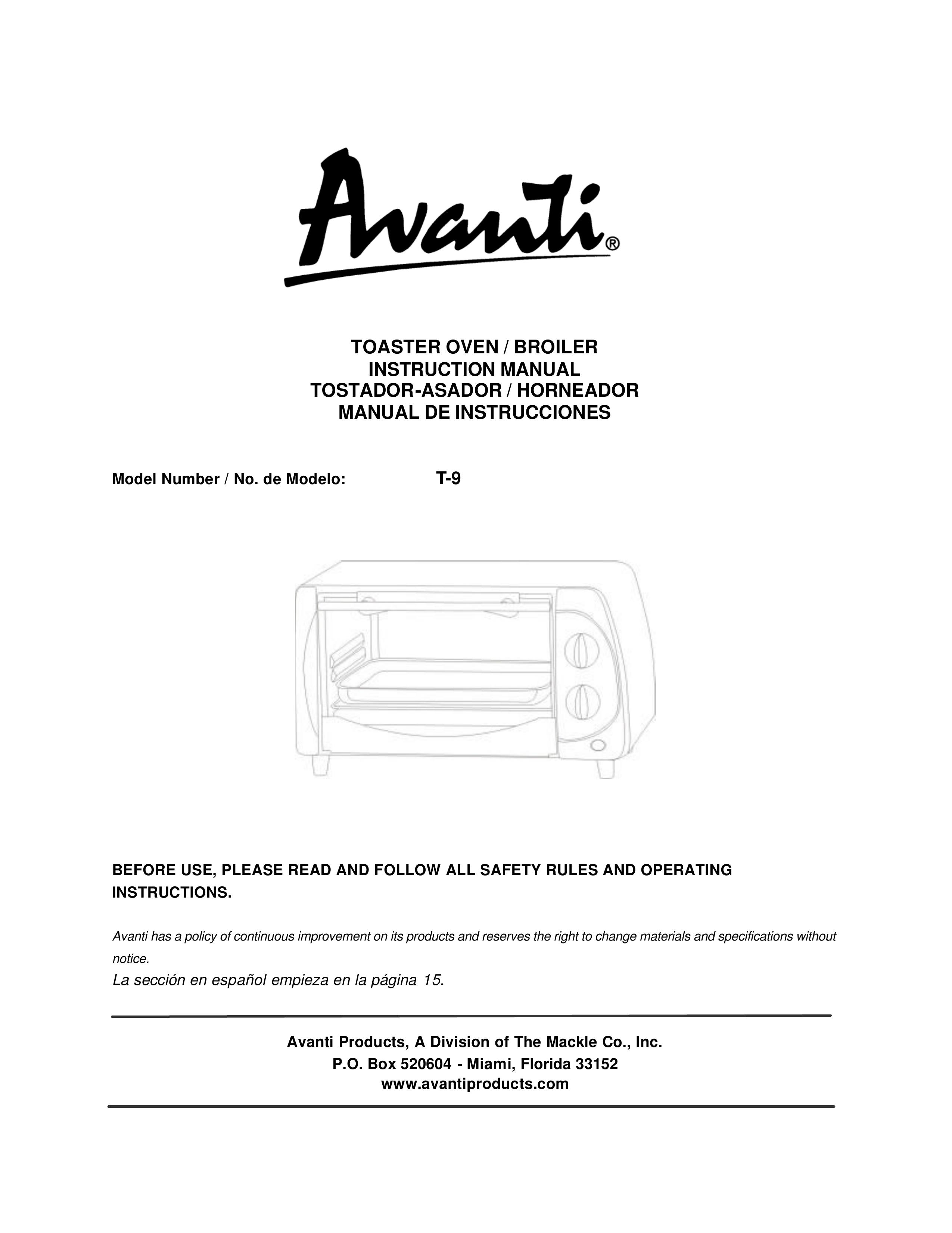 Avanti T-9 Toaster User Manual