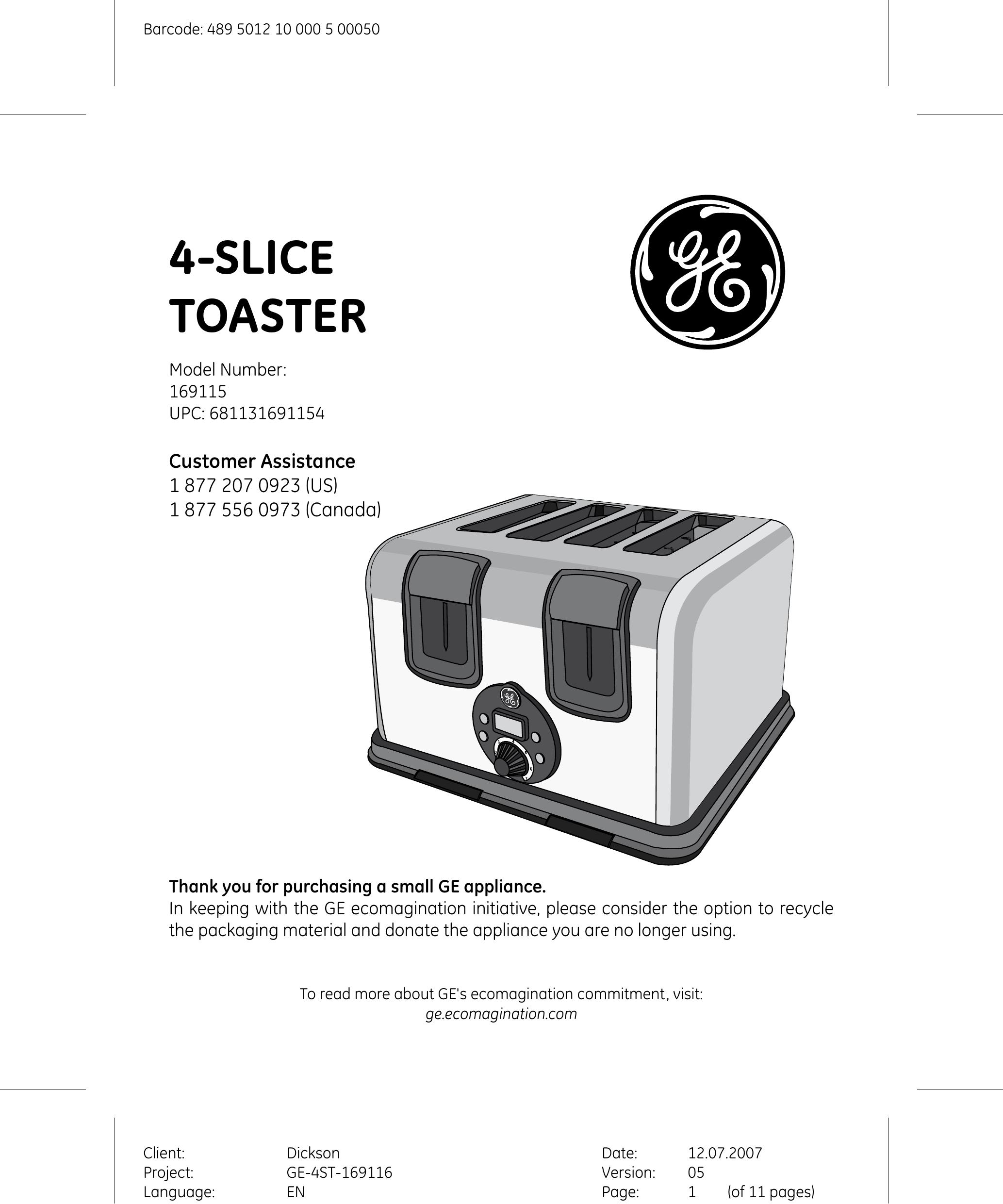 GE 169115 Toaster User Manual