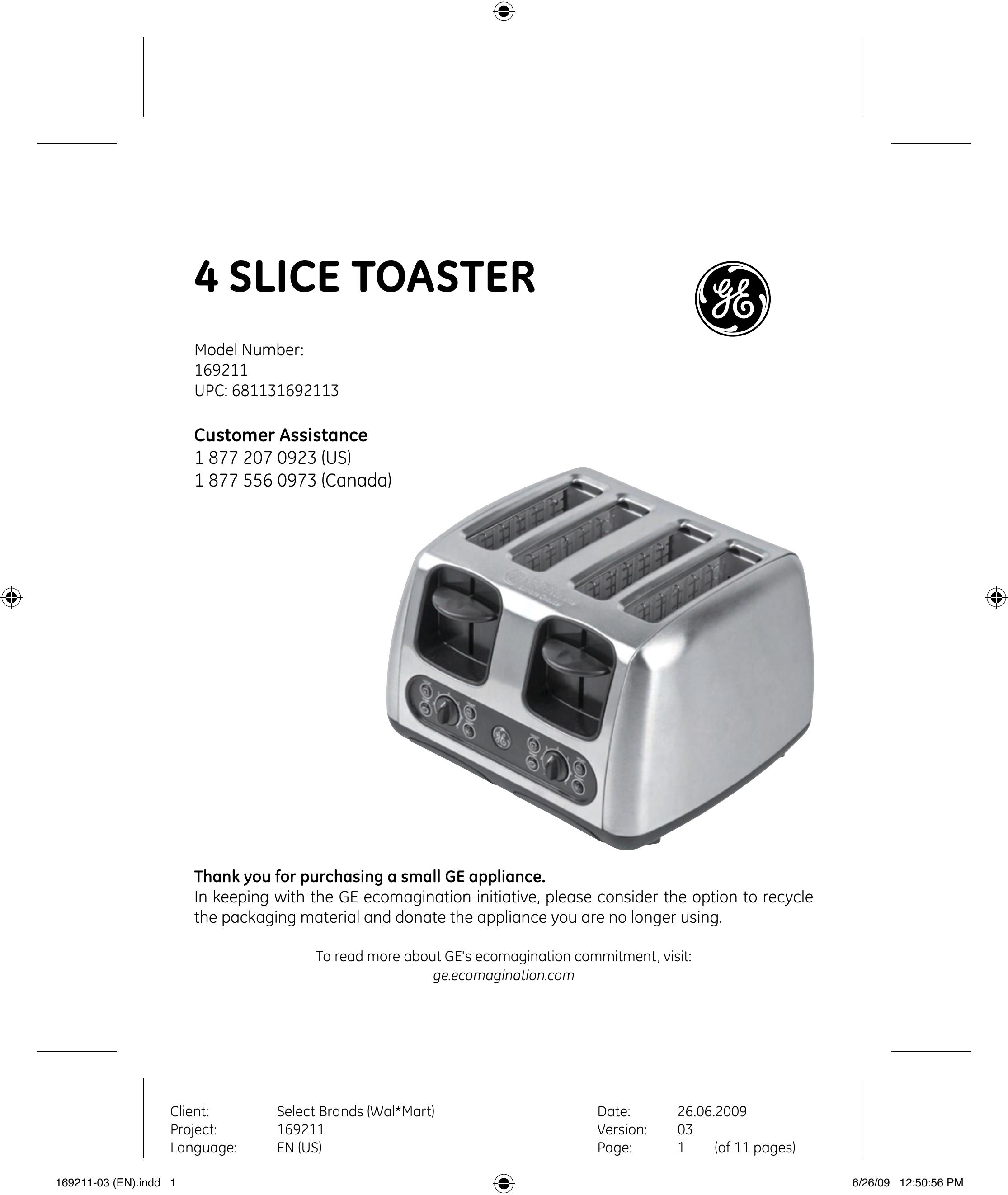 GE 169211 Toaster User Manual