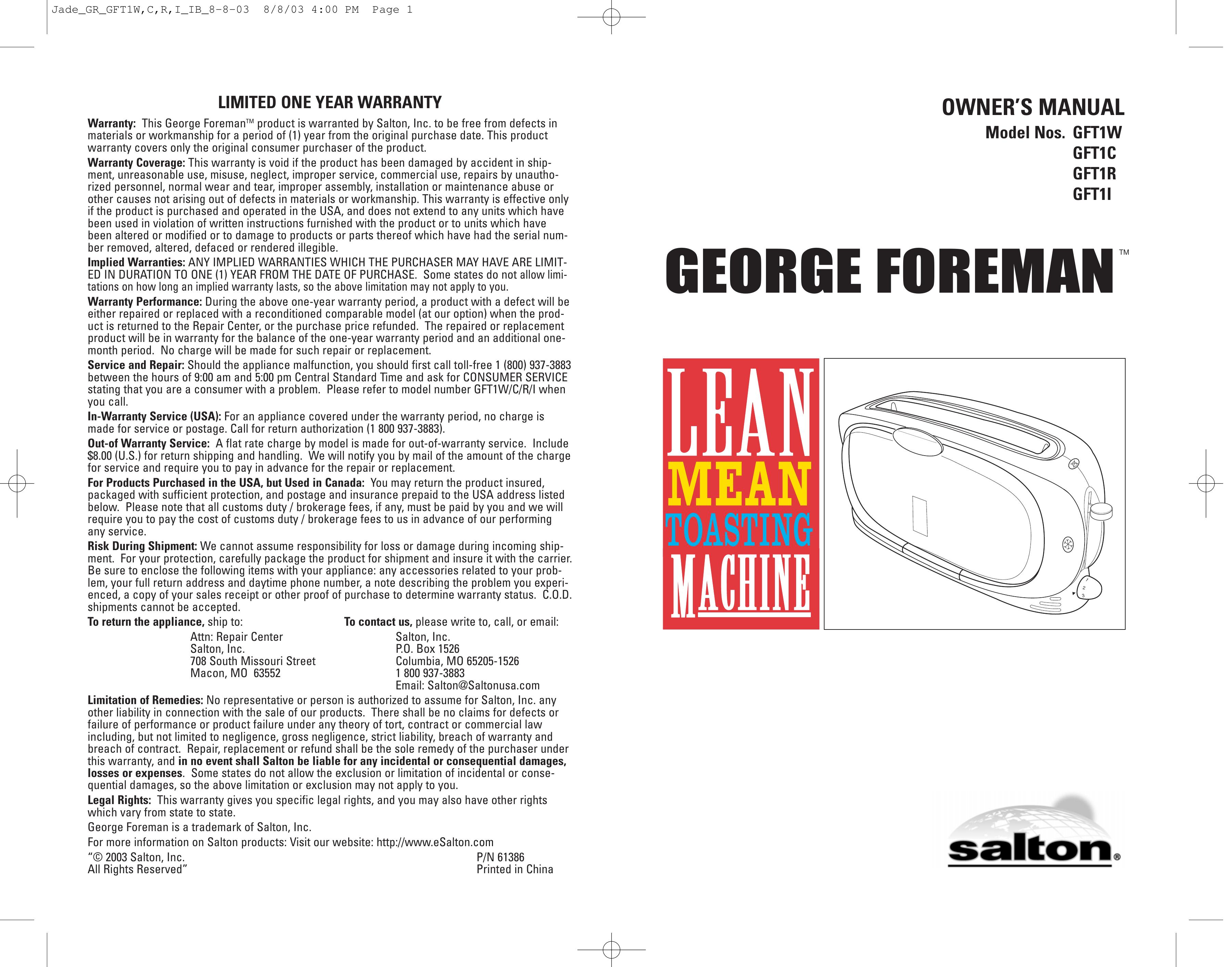 George Foreman GFT1I Toaster User Manual