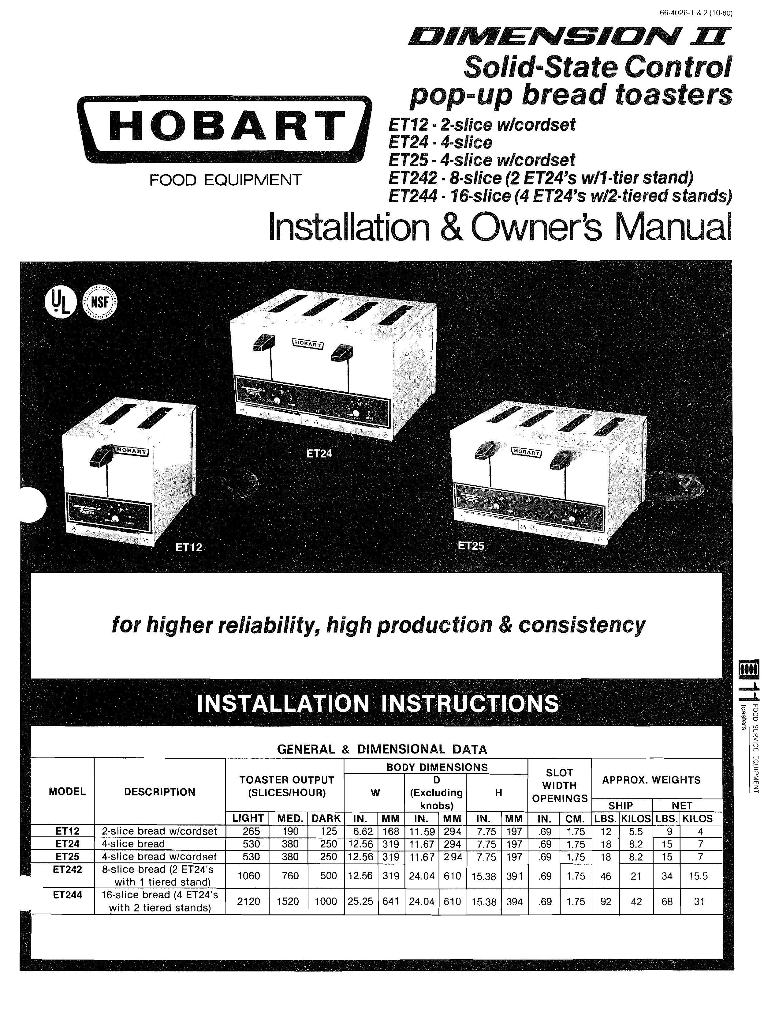 Hobart ET12 Toaster User Manual