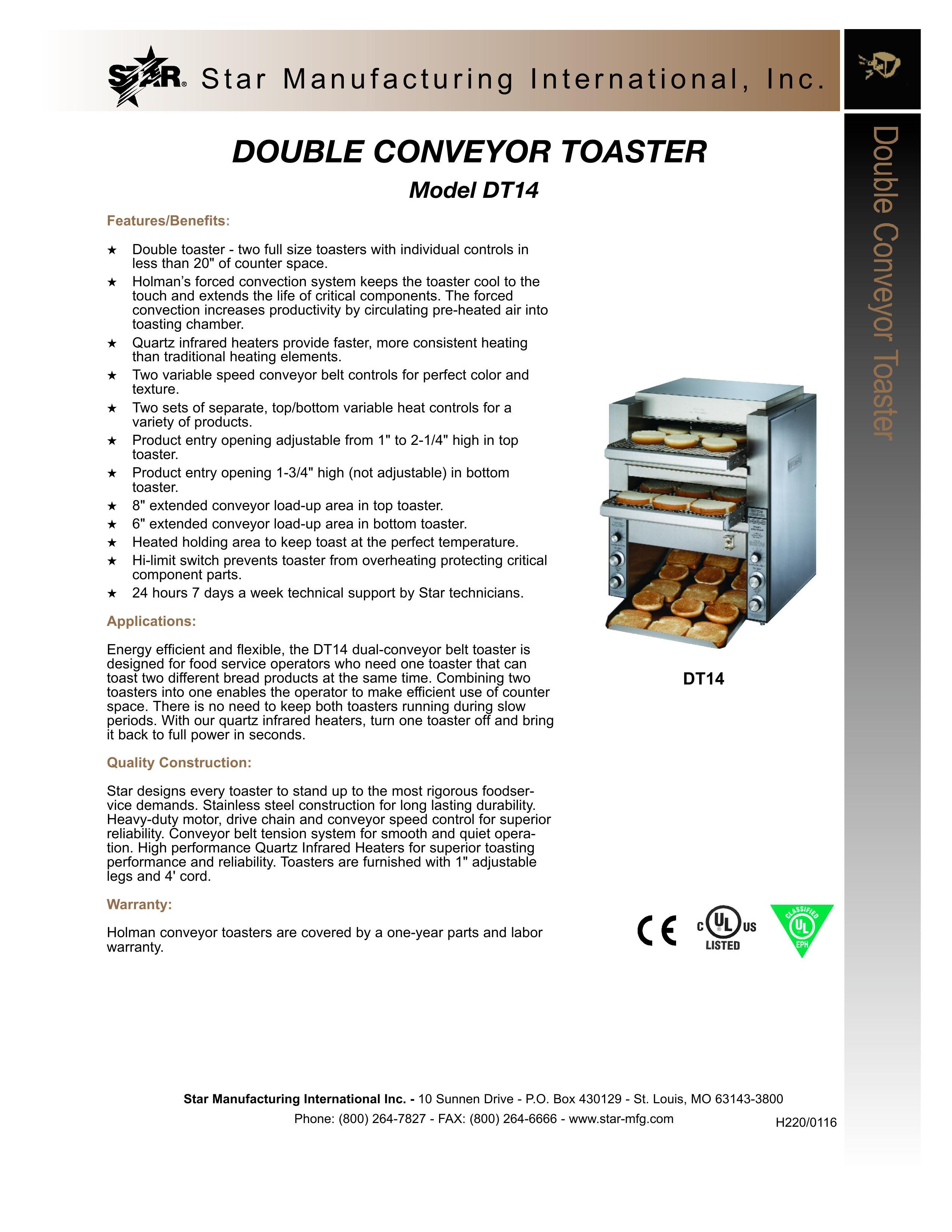 Star Manufacturing DT14 Toaster User Manual
