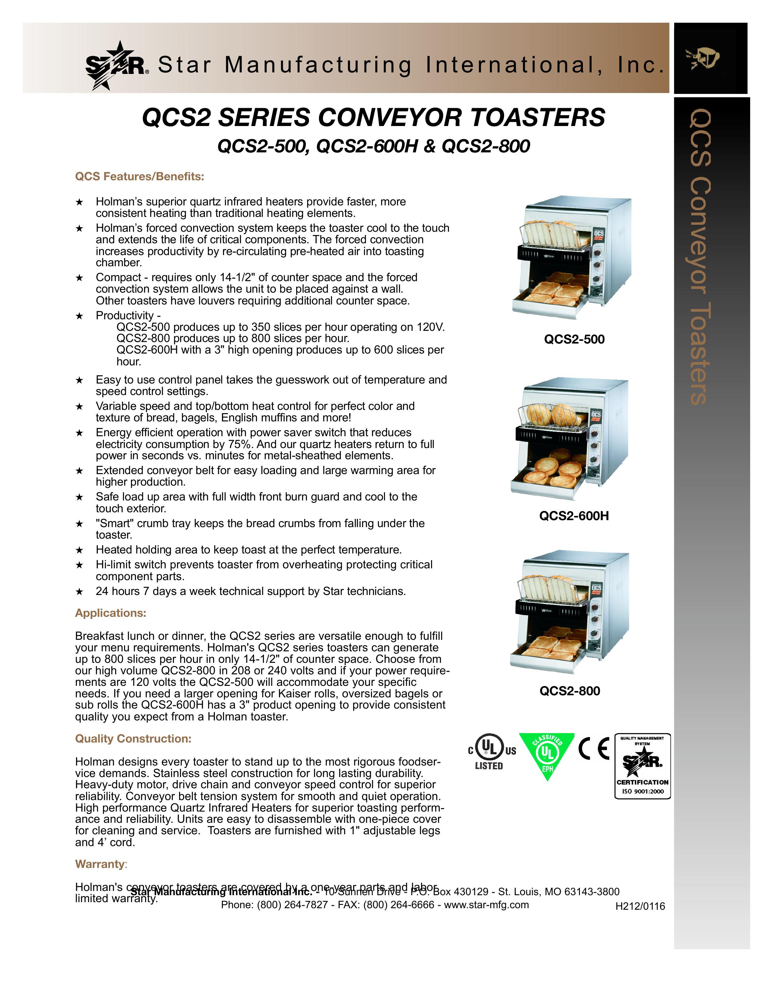 Star Manufacturing QCS2-500 Toaster User Manual