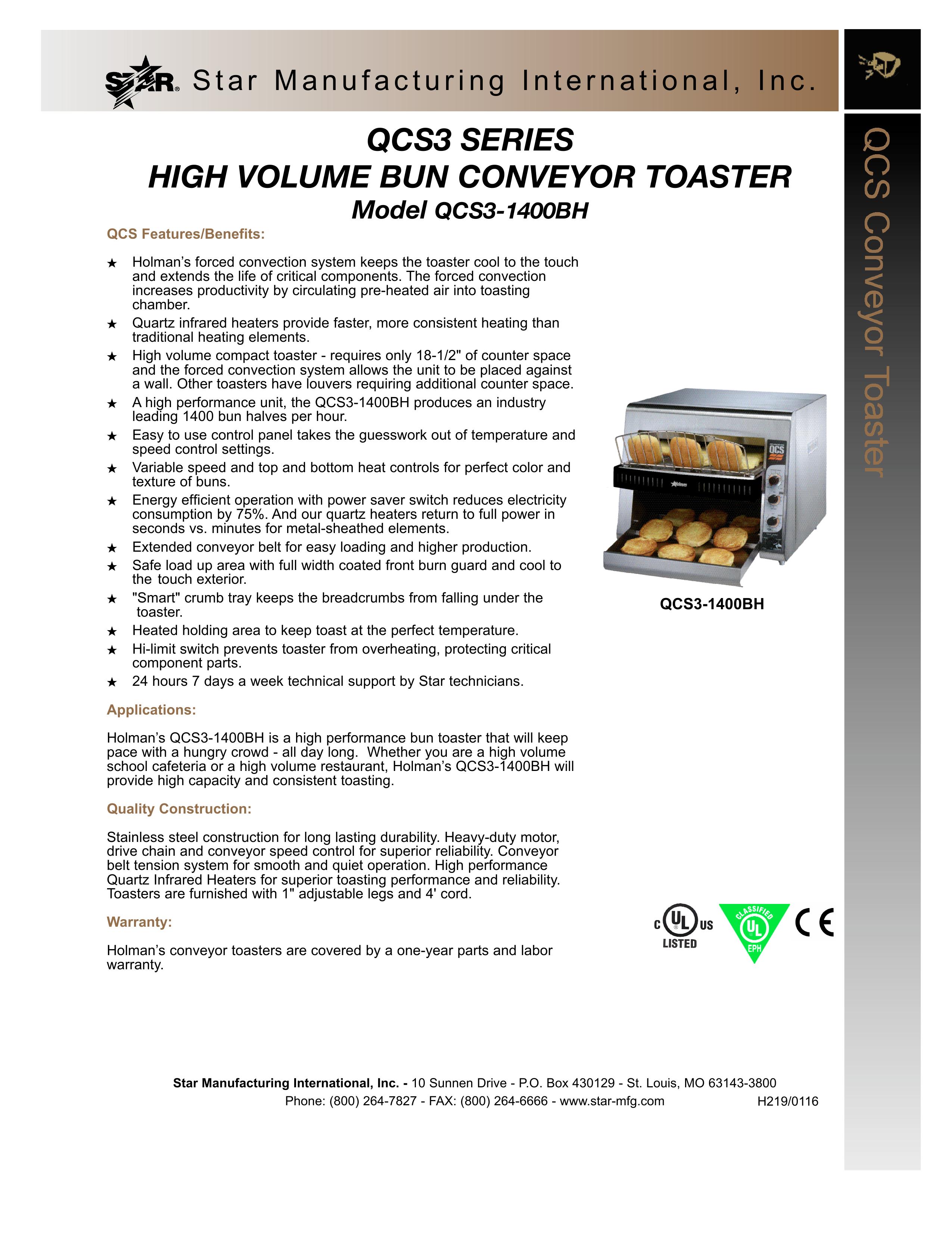 Star Manufacturing QCS3-1400BH Toaster User Manual