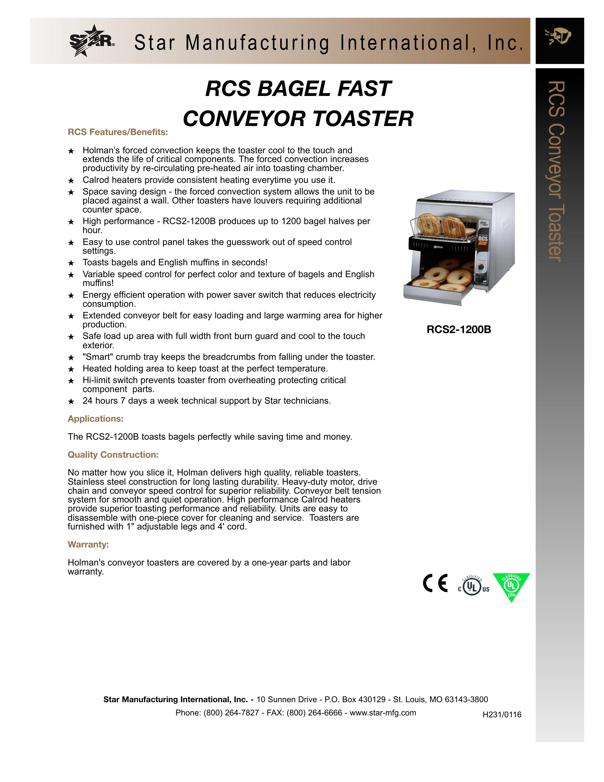 Star Manufacturing RCS2-1200B Toaster User Manual