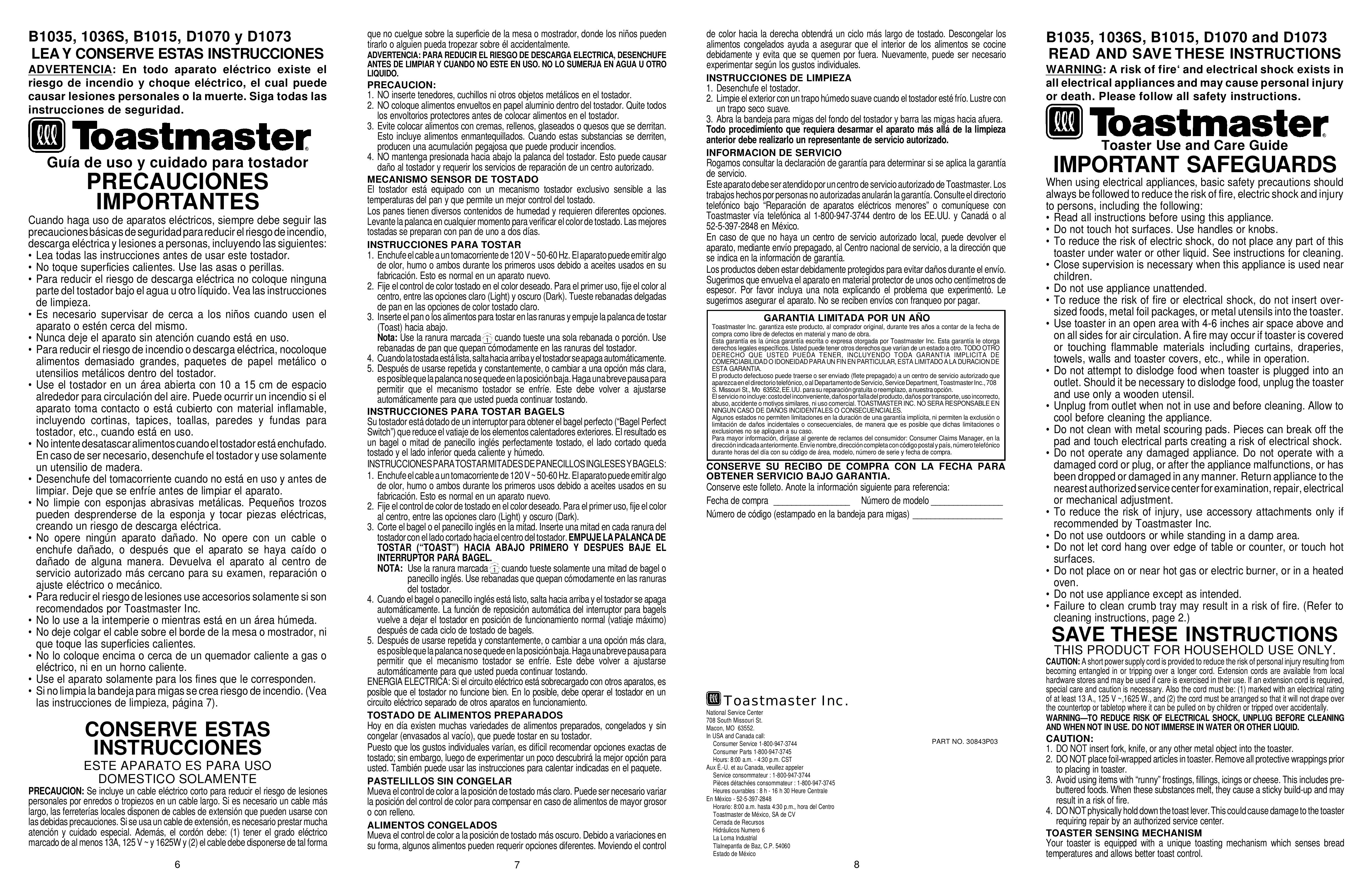Toastmaster B1015 Toaster User Manual