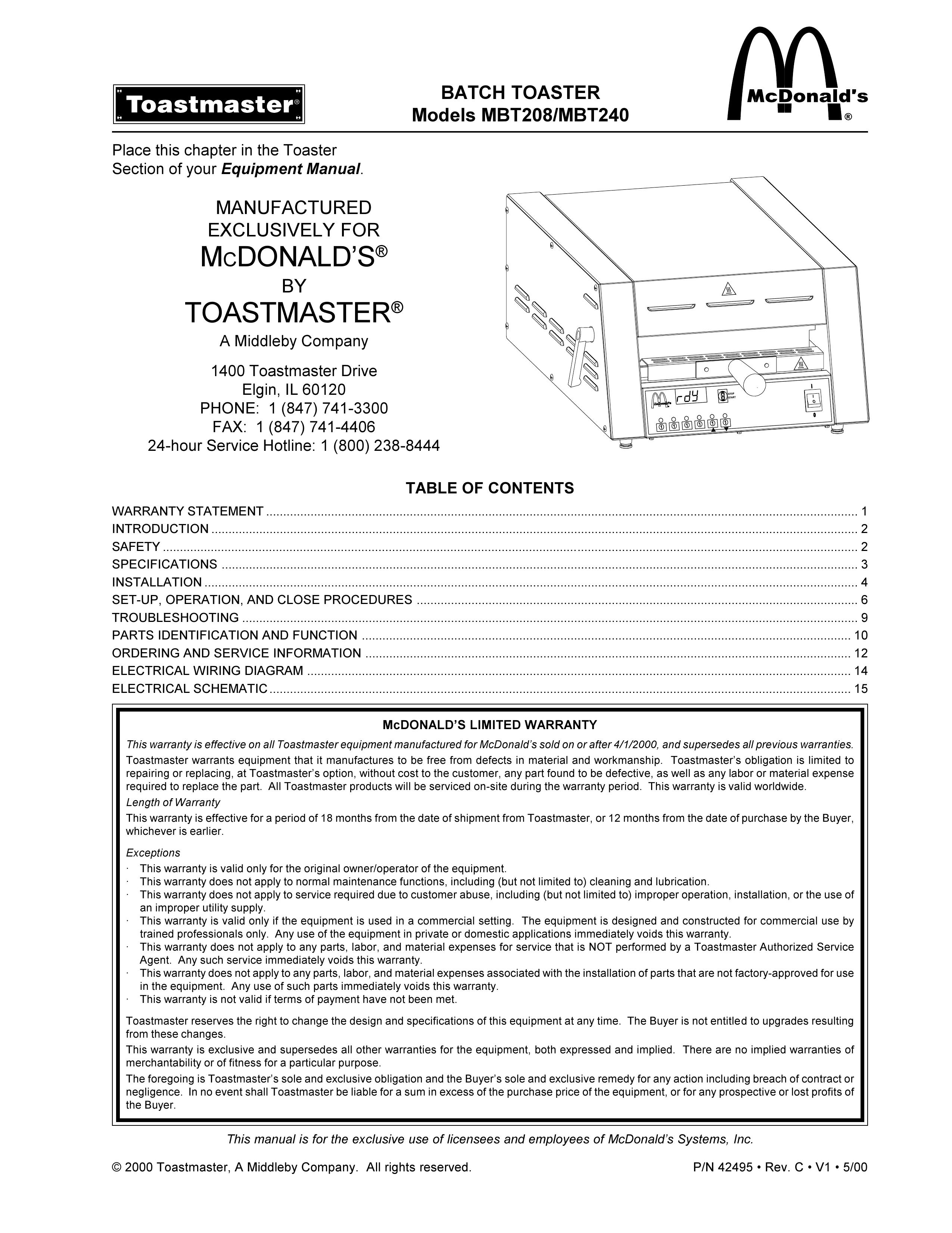 Toastmaster MBT240 Toaster User Manual