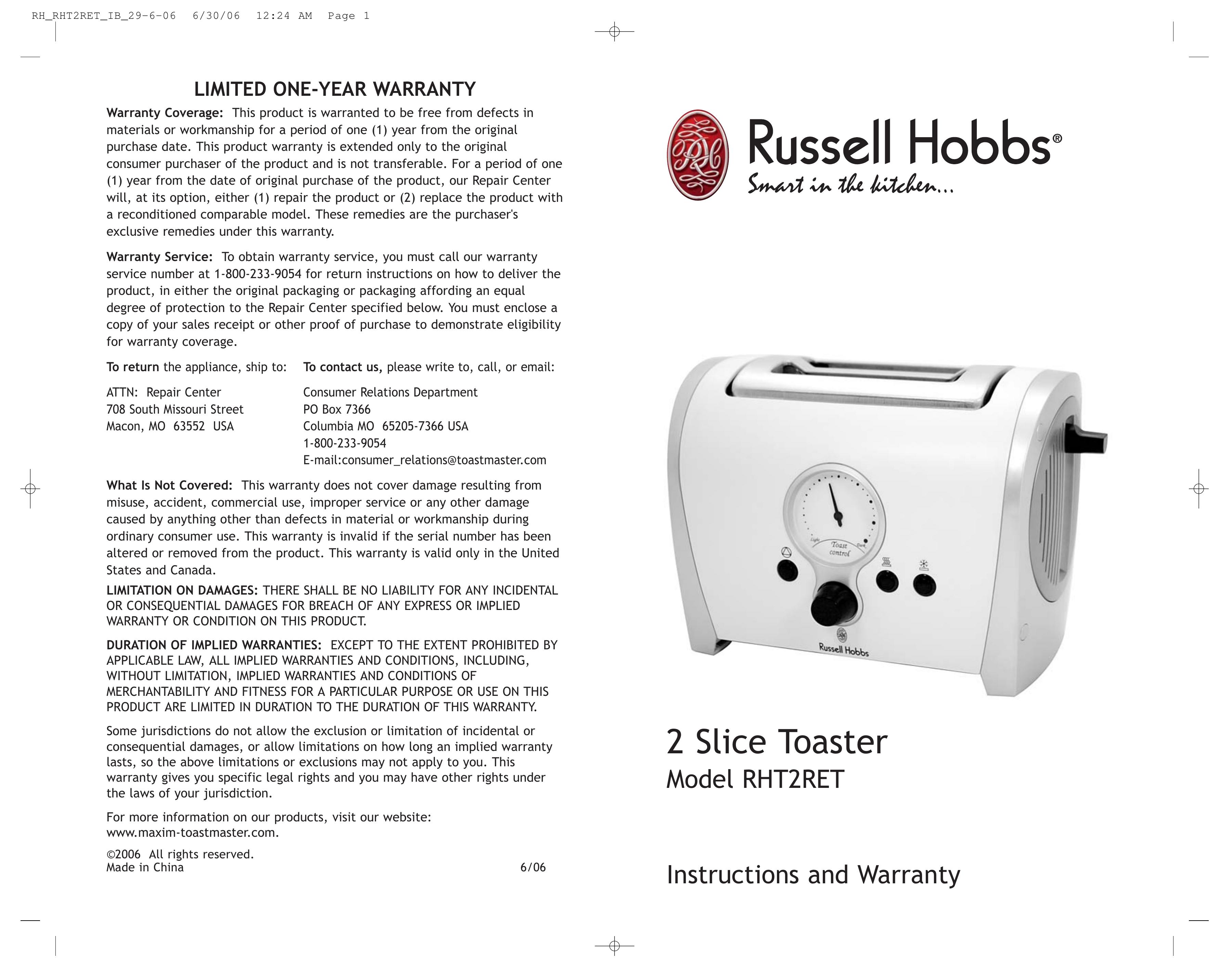 Toastmaster RHT2RET Toaster User Manual
