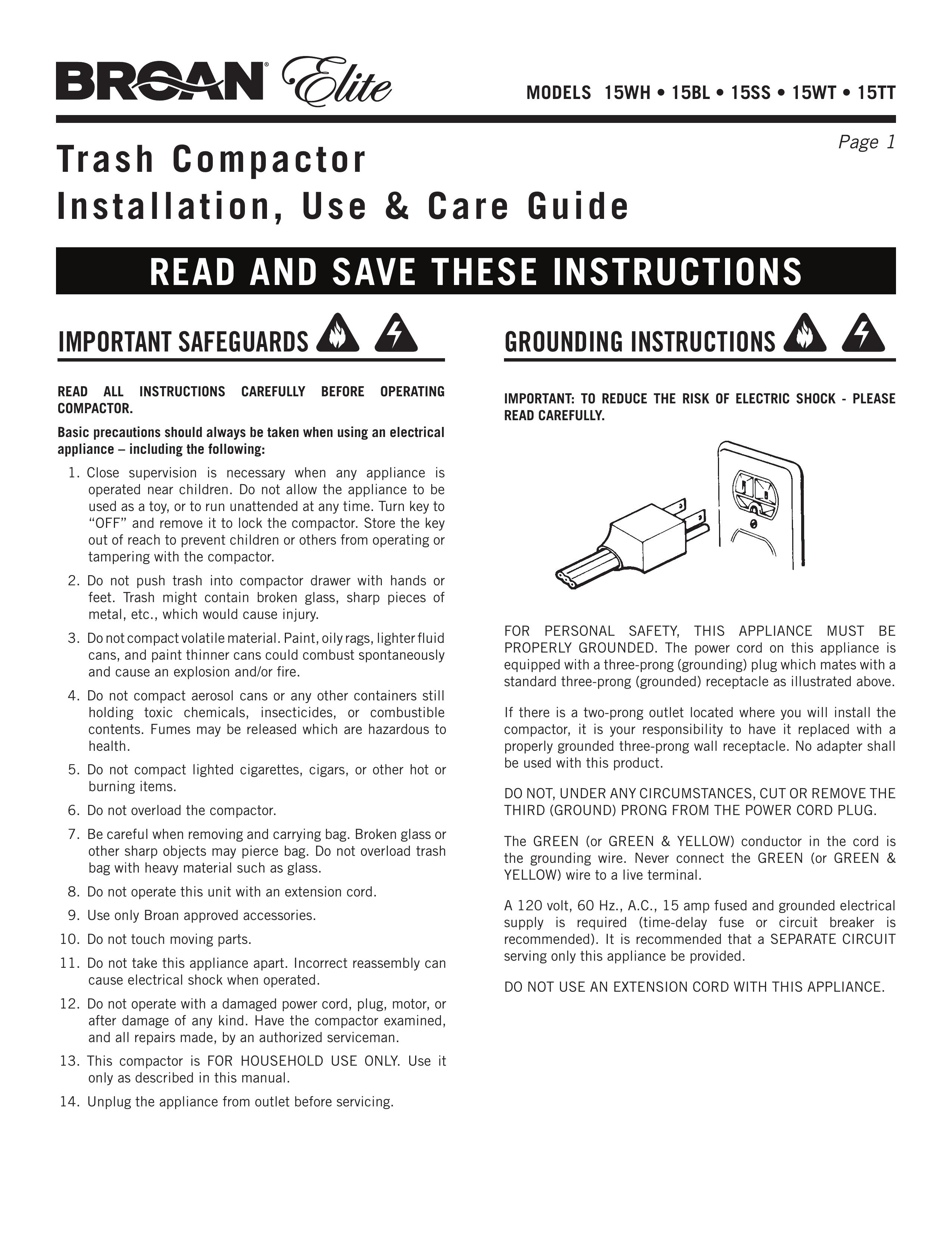 Broan 15TT Trash Compactor User Manual
