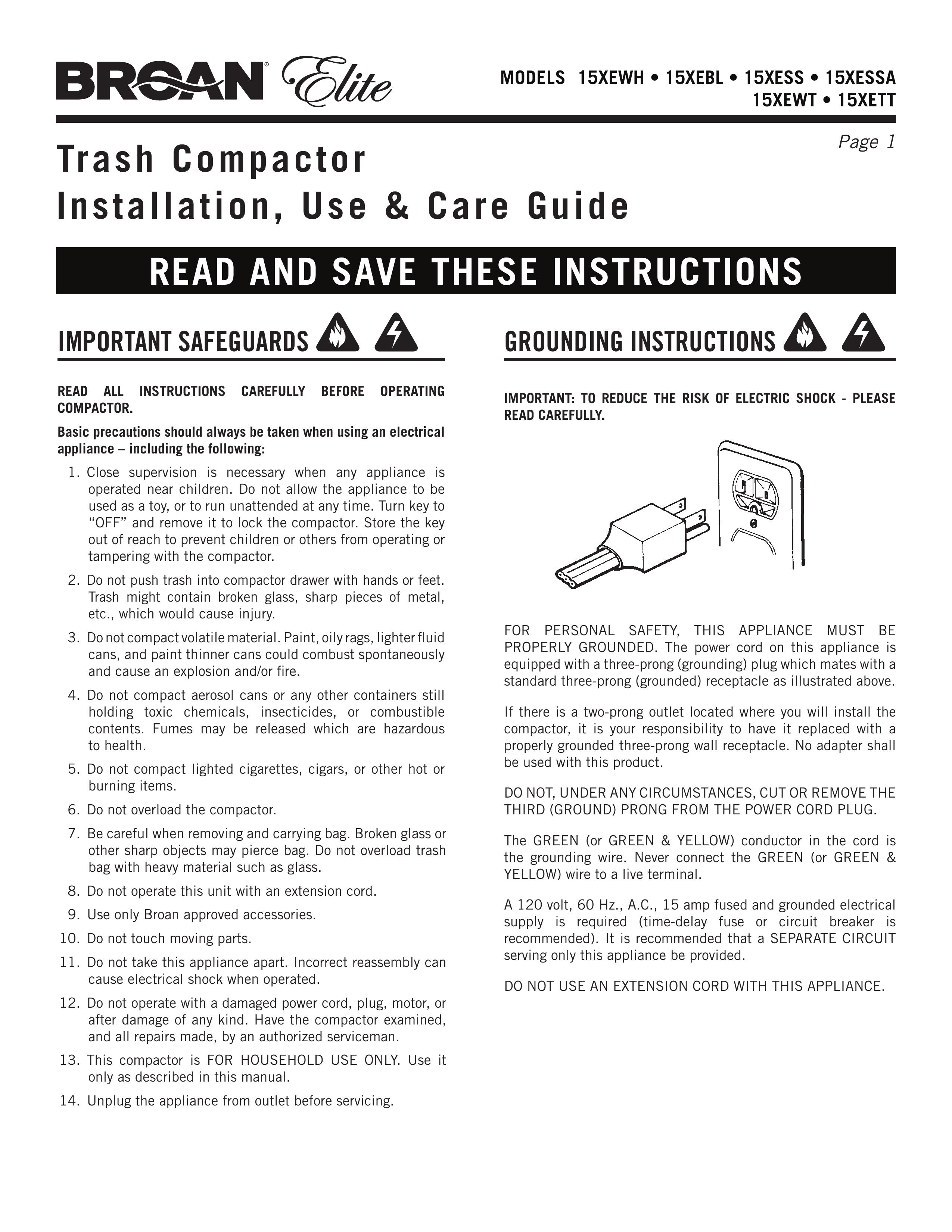 Broan 15XeBl Trash Compactor User Manual